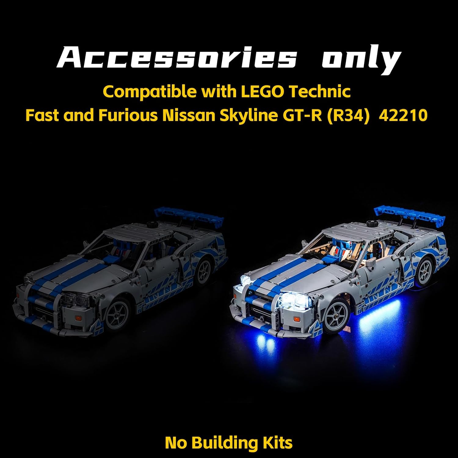 BrickBling Light Kit Compatible with Lego Technic 2 Fast 2 Furious Nissan Skyline GT-R (R34) Car, Blue Underglow Lights Compatible with Lego 42210 - Not Come with Car (RC Version)
