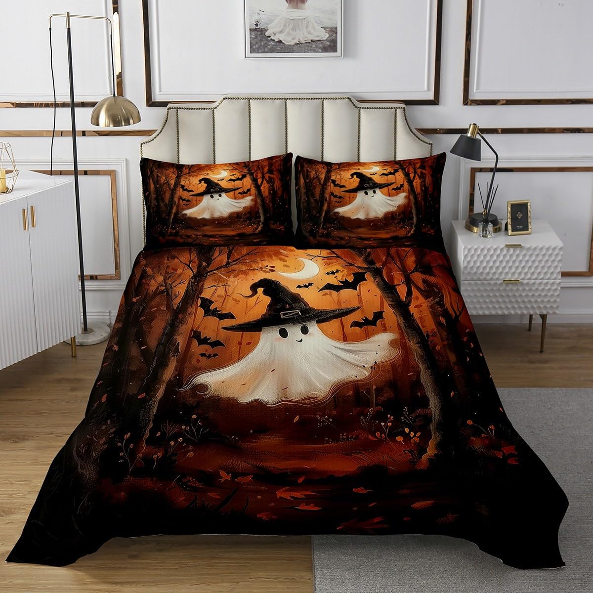 Halloween Ghost Coverlet Set Twin Size,Autumn Jungle Moon Trees Maple Leaves Quilted Coverlet for Kids Teens,Cute Ghost Bats Trippy Orange Bedspread 2 Piece Quilt Set with 1 Pillow