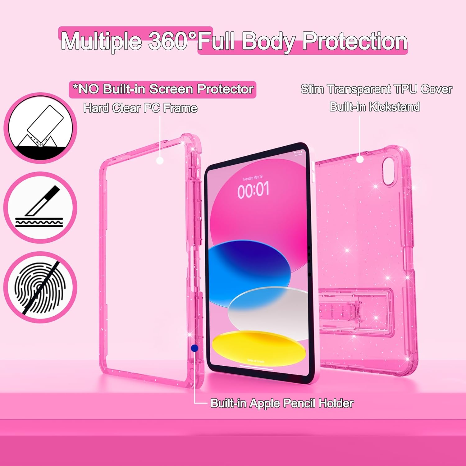 Rantice Case for iPad A16 11-inch 11th Generation, iPad 10th Generation Case 10.9 Inch, Pencil Holder & Kickstand - Slim, Glittery and Shockproof Bumper for Women and Girls, Rosered Glitter - Image 2