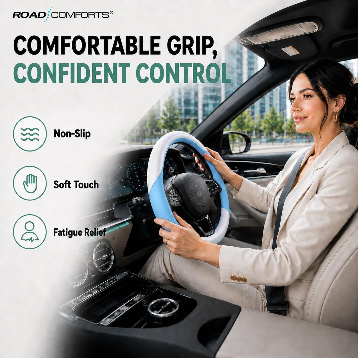 Road Comforts Steering Wheel Cover – Breathable Leather Steering Wheel Cover, Anti-Slip Grip, Universal Fit 14.5” to 15”, Heat & Cold Resistant for Cars, SUVs, and Trucks – Shining White & Blue image 3