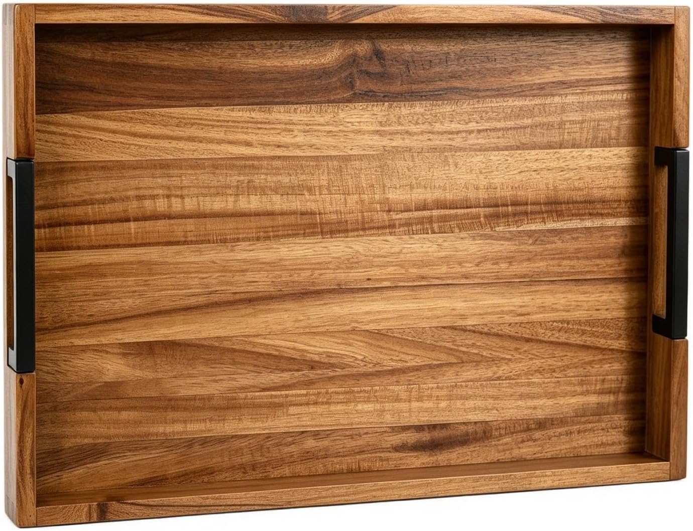 Large Ottoman Tray for Living Room and Coffee Table, Decorative Acacia Wood Serving Tray with Handles for Breakfast in Bed, Dinner Food Kitchen TV (Natural, 43.2 x 33 x 5 cm)