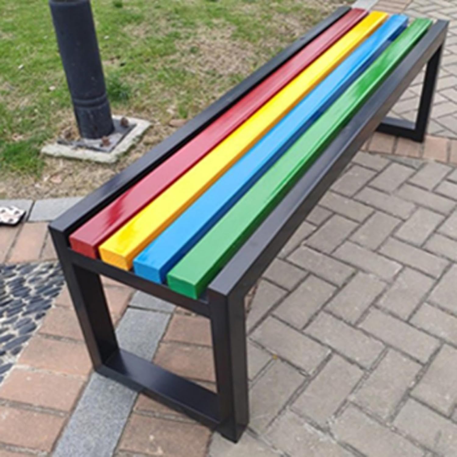 Benches Garden Bench Outdoor Patio Seating Backless Park Chair Lawn Path Slatted Seats,Outdoor Metal Bench with Slatted Seat and Galvanized Steel Frame Weatherproof Patio Garden Furniture fo