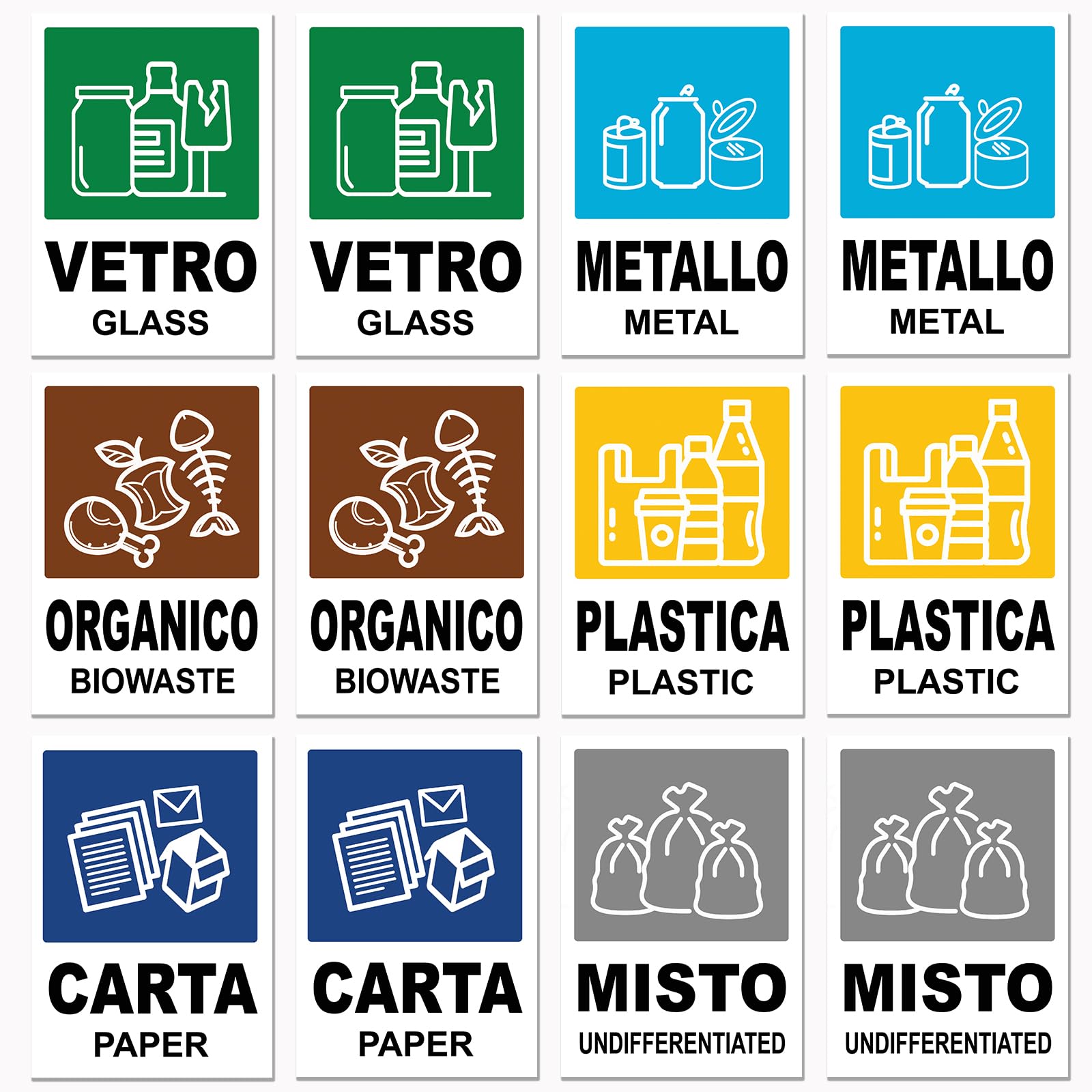 12 Adesivi GRANDI XL per Raccolta Differenziata - Formato 21cm x 15cm - Etichette per Contenitori Rifiuti in Italiano e Inglese - Adesivo per Riciclo Lavabile Antigraffio Resistente
