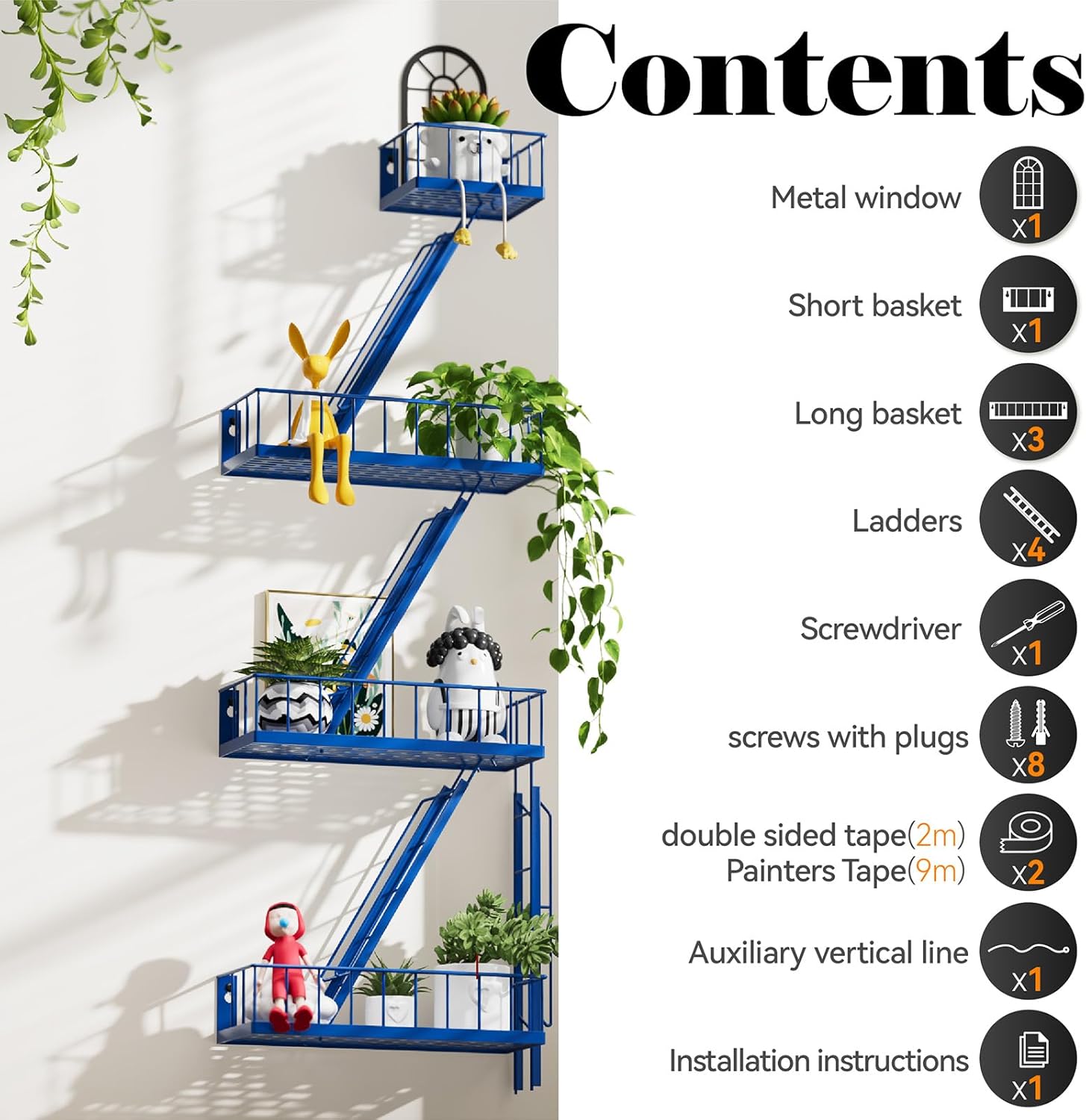 Fire Escape Shelf 4 Tier Metal Fire Escape Wall Shelves with Baskets, New York Action Figurine Display Shelf, Unique Rustic Floating Decorative Wall Shelves Navy Blue