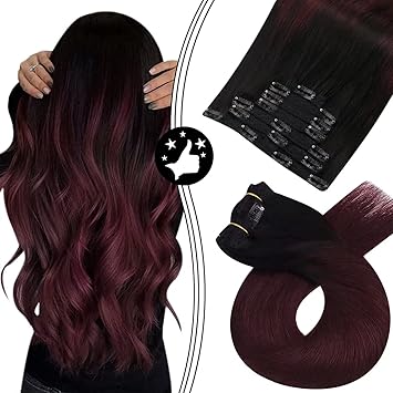 22 Inch , Off Black #1B to Wine Red #99j : Moresoo 22 inch Ombre Balayage Color Off Black #1B to Wine Red #99j 100% Straight Remy Human Hair Clip in Hair Extensions Full Head 100 Grams