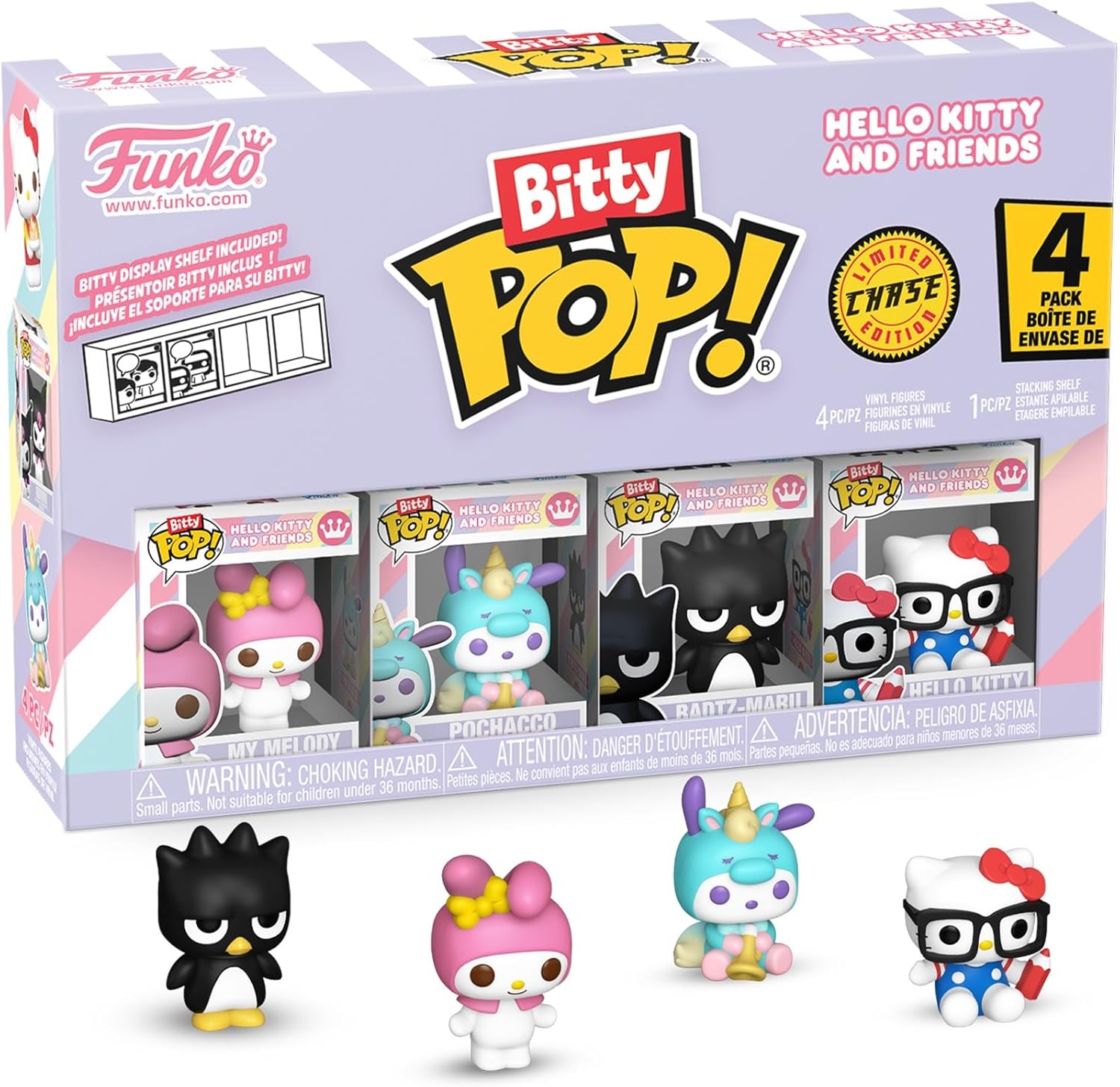 Funko Pop! Bitty: Sanrio - My Melody, Pochacco (Unicorn Party), Badtz-Maru, and Chase Mini Figure - 0.9 Inch (2.2 Cm) - Hello Kitty Collectable - Stackable Display Shelf Included - Gift Idea