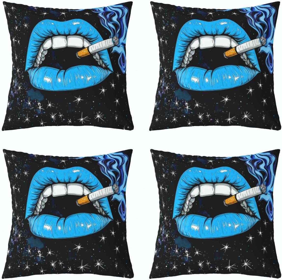 Homewish Smoke Woman Throw Pillow Covers (Pack of 4),Blue Lips Pattern Cushion Cover for Kids Girls Boys Trippy Starry Sky Pillow Cases Anime Cool Style Living Room Sofa Bed Decor,16" Lx16 W