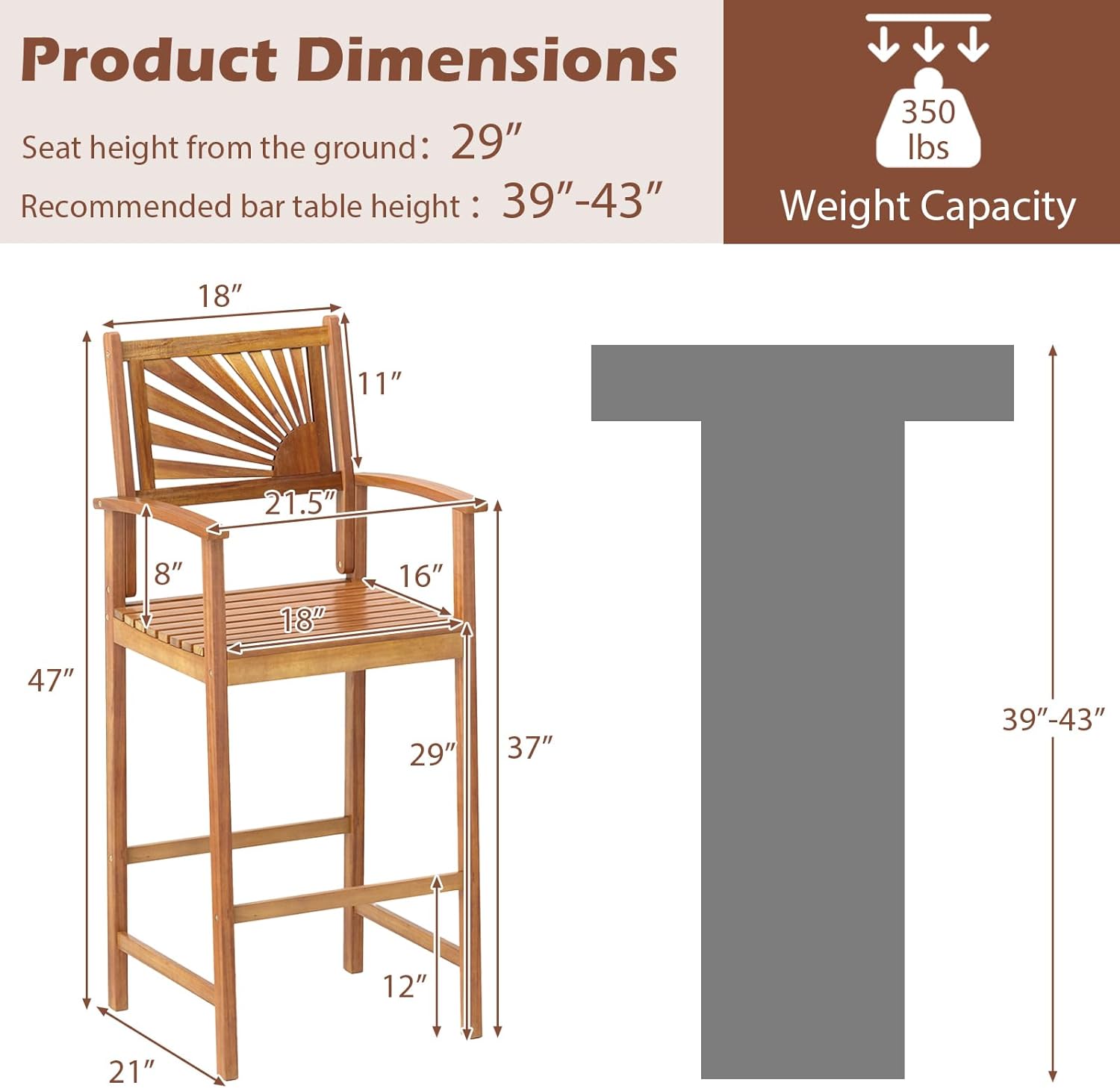 Tangkula Set of 2 Outdoor Acacia Wood Bar Stools, Bar Height Patio Chairs with Backrests, Armrests and Footrests, Patio Bar Chairs for Porch, Balcony, Garden and Backyard (2)
