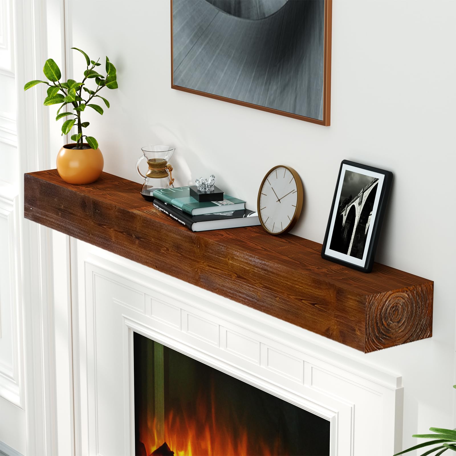ROOMTEC Fireplace Mantel,60" Wood Floating Fireplace Shelves,Wall Mounted Wooden Display Shelving,Handcrafted Wood Brack,Natural Mantels Over Fireplace | 60" x 8" x 5"-Wood Brown