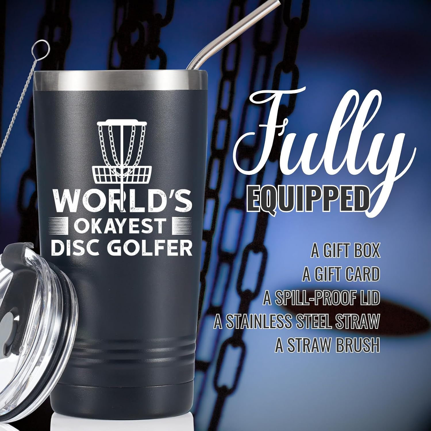 Onebttl Disc Golf Gifts - 20oz Travel Insulated Tumbler with Straw, Brush, and Lid - World's Okayest Disc Golfer