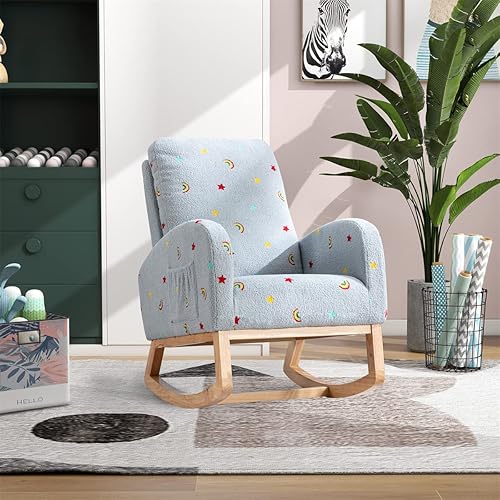 Mecedora moderna de 268 pulgadas de ancho silla mecedora tapizada de mediados de siglo con bolsillo lateral silla mecedora de respaldo alto con