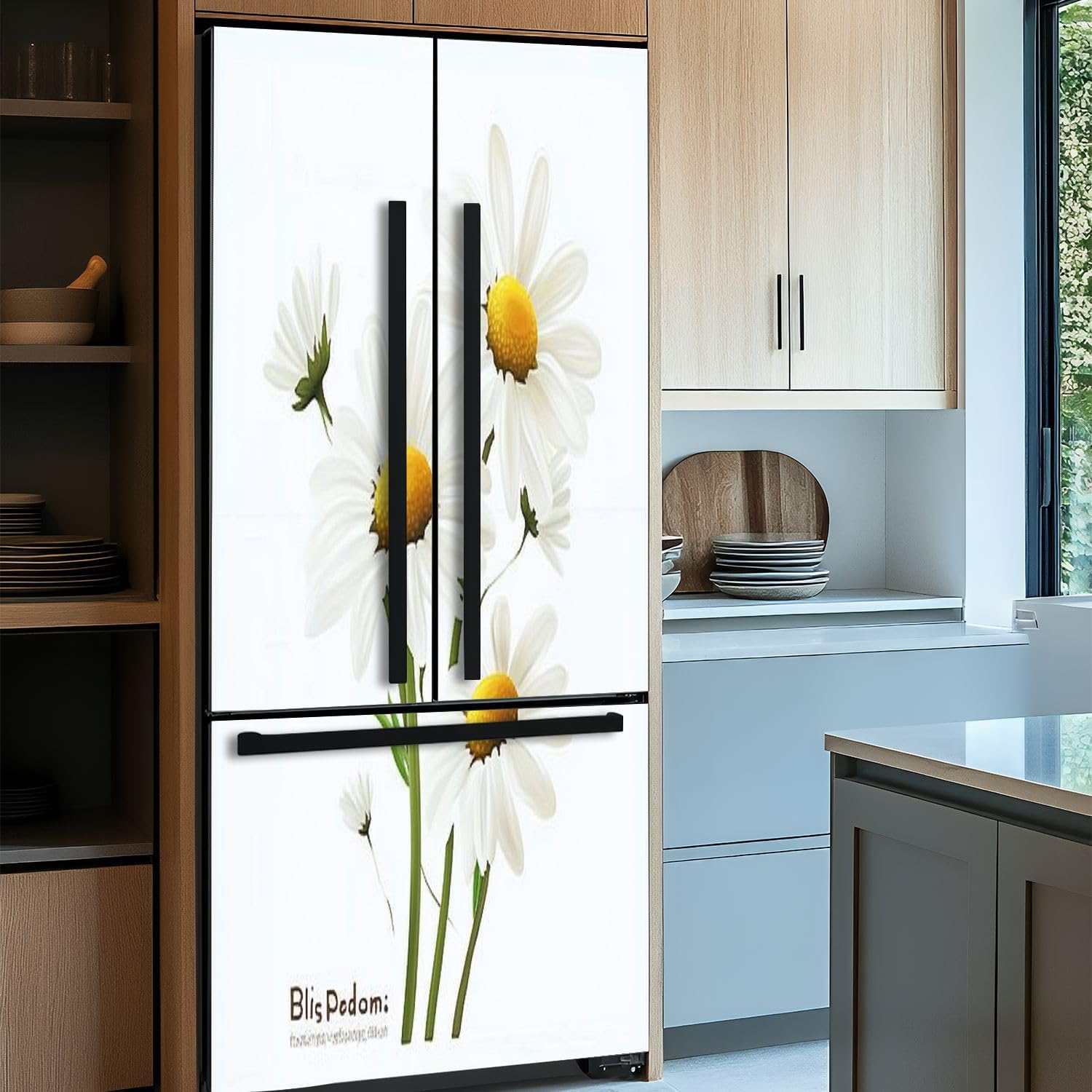 Self Adhesive Vinyl Refrigerator Wrap Daisy Flowers White Petals Yellow Middle Realistic Illustrations Door Mural Sticker Peel and Stick Removable Door Cover Fridge Wrap Decal for Kitchen Decor
