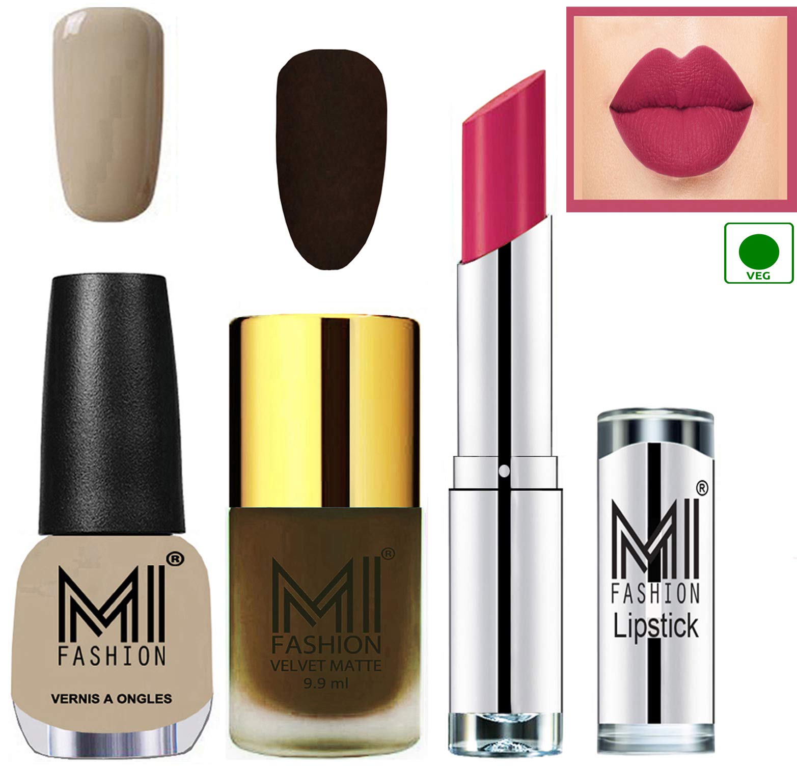 MI Fashion Nail Polish and Lipstick Combo - Olive Brown Matte,Nude Beigh Shine and Dark Magenta-image-44
