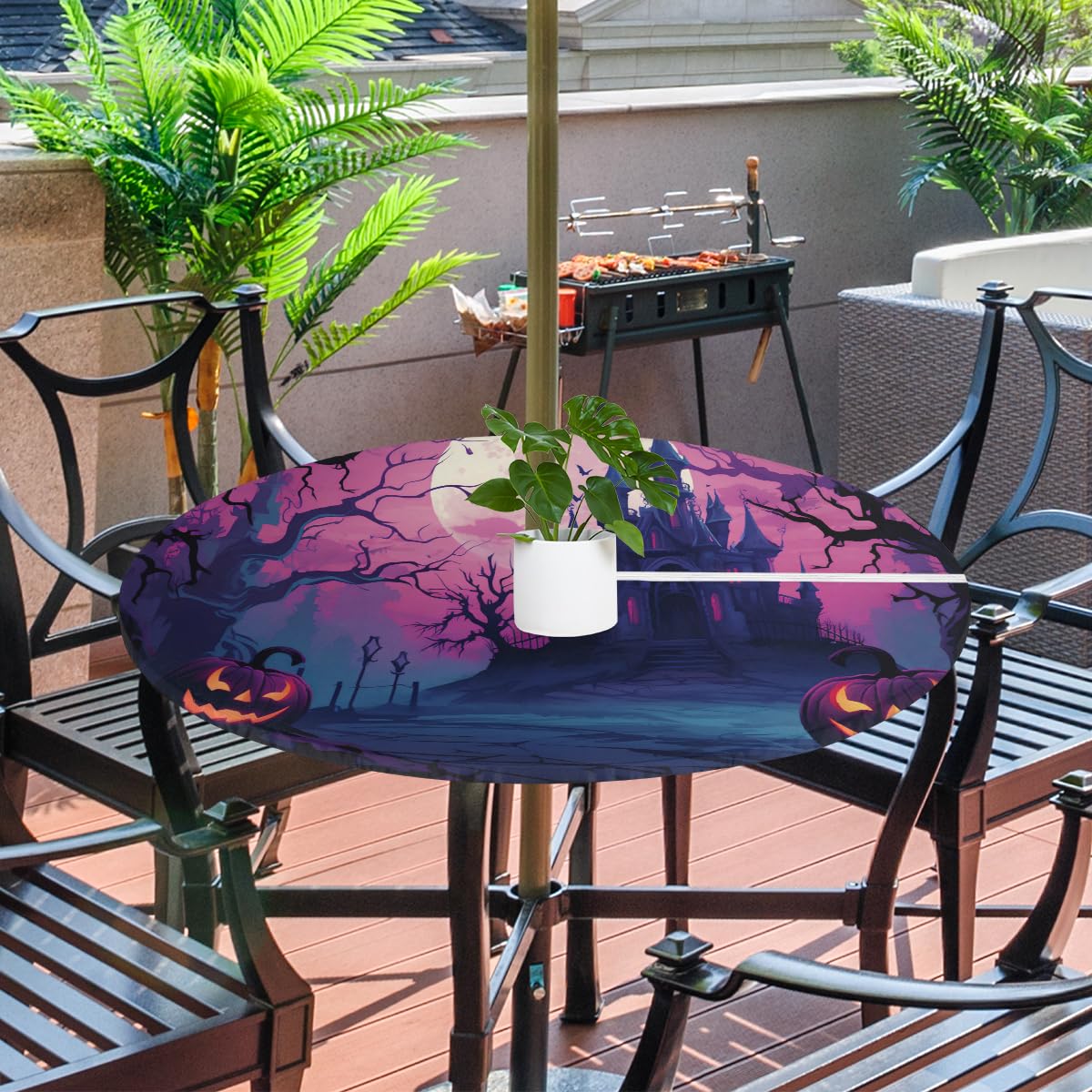 cfpolar Purple Halloween Pumpkin House Outdoor Round Fitted Tablecloth with Elastic Edge, Waterproof Table Cover with Umbrella Hole Table Cloth, for Party Family Dining Fits 36-44 in Diameter Table