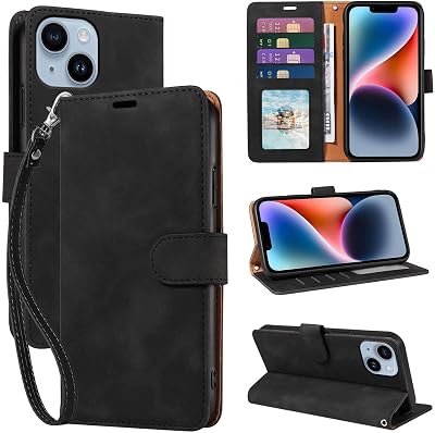 for iPhone 14 Wallet Case, RFID Blocking 4 Card Slots (Black) | Kickstand, Wrist Strap, Soft PU Leather, Magnetic Closure, Shockproof Protective, Flip Cover, Phone 14 Case 6.1 Inch