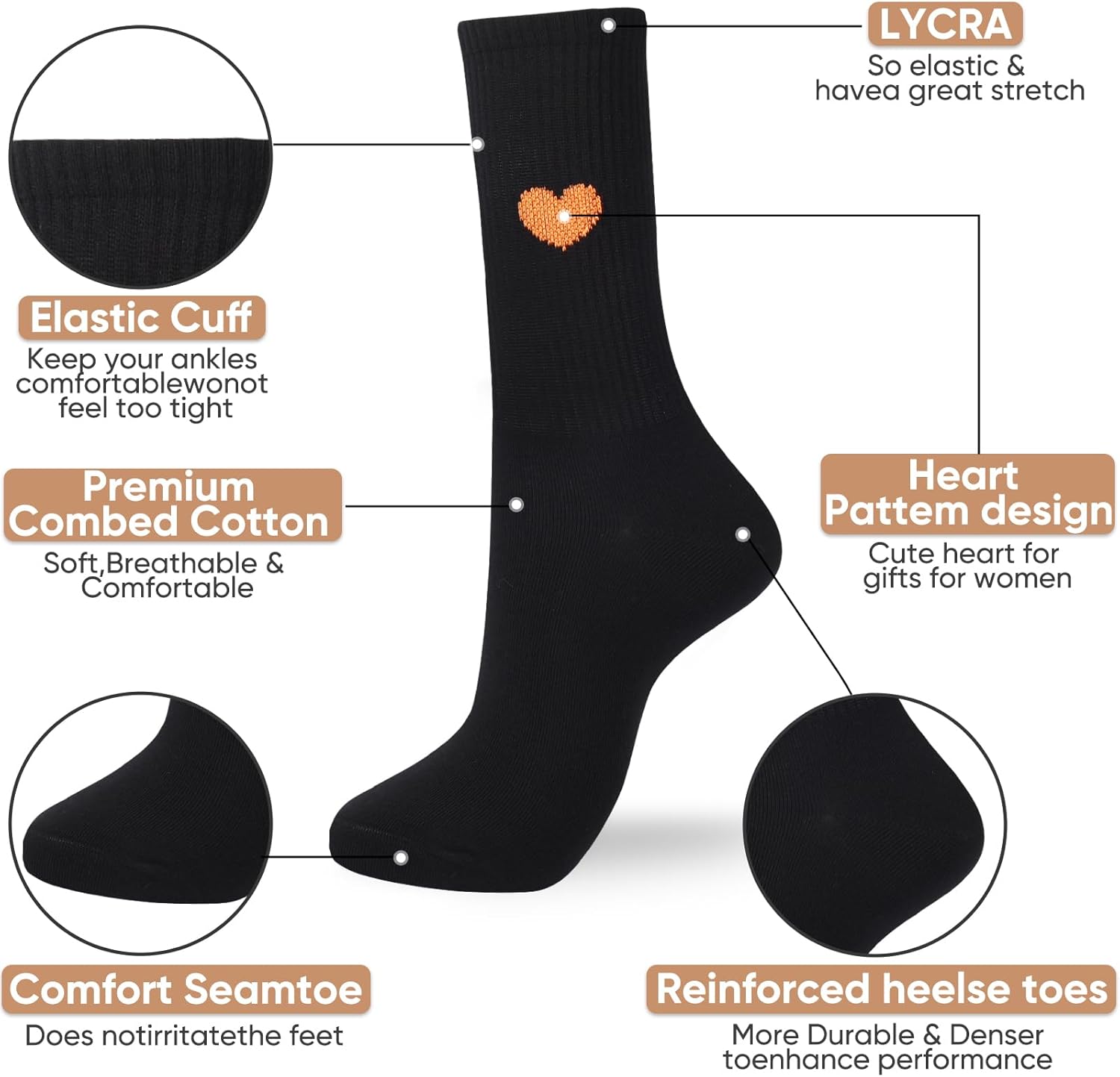 Corlap Women's Cute Cotton Crew Athletic Running Socks - Ankle High, Novelty Fun Heart Design 5-Pairs (Gift Box) - Image 3