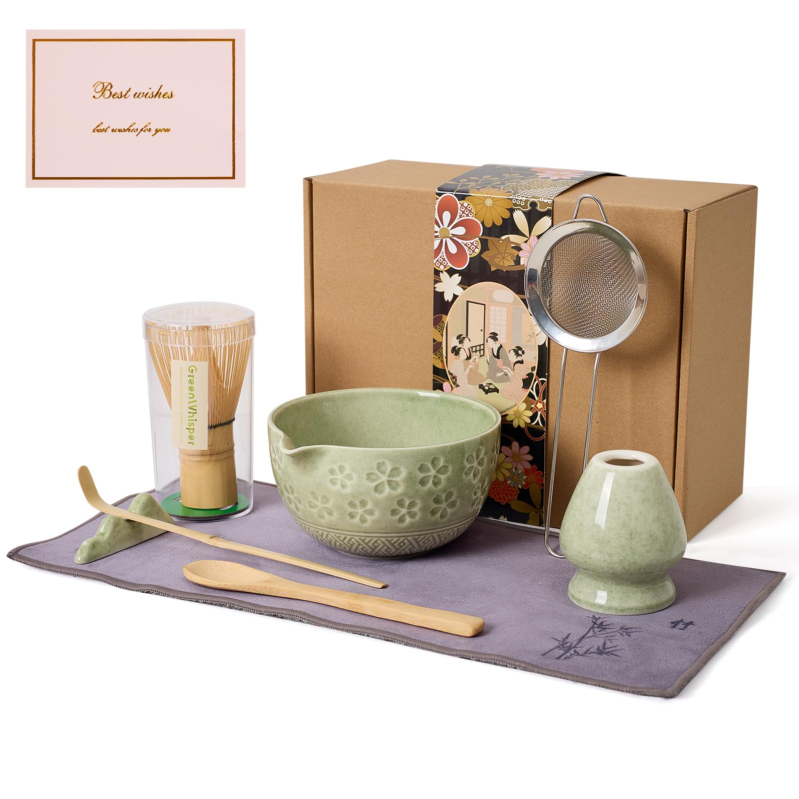 Matcha Whisk Set - Traditional Bamboo Chasen with Bowl, Complete Matcha Tea Making Kit & Starter Tools for Authentic Japanese Ceremony (Mottled Green01, 8pcs/set,Bowl entry-level Set)