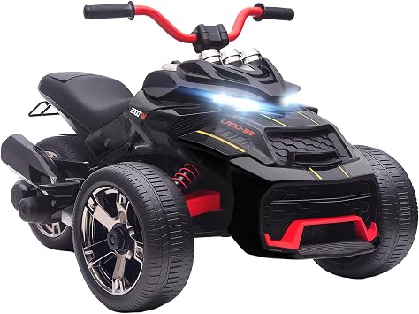 AIYAPLAY Kids Electric Ride On Car 12V MP3 Horn LED Lights 3 Wheeler Black | Ride On ATV Electric Vehicle Toy Car, 2 Speeds, for Boys & Girls Ages 3-8