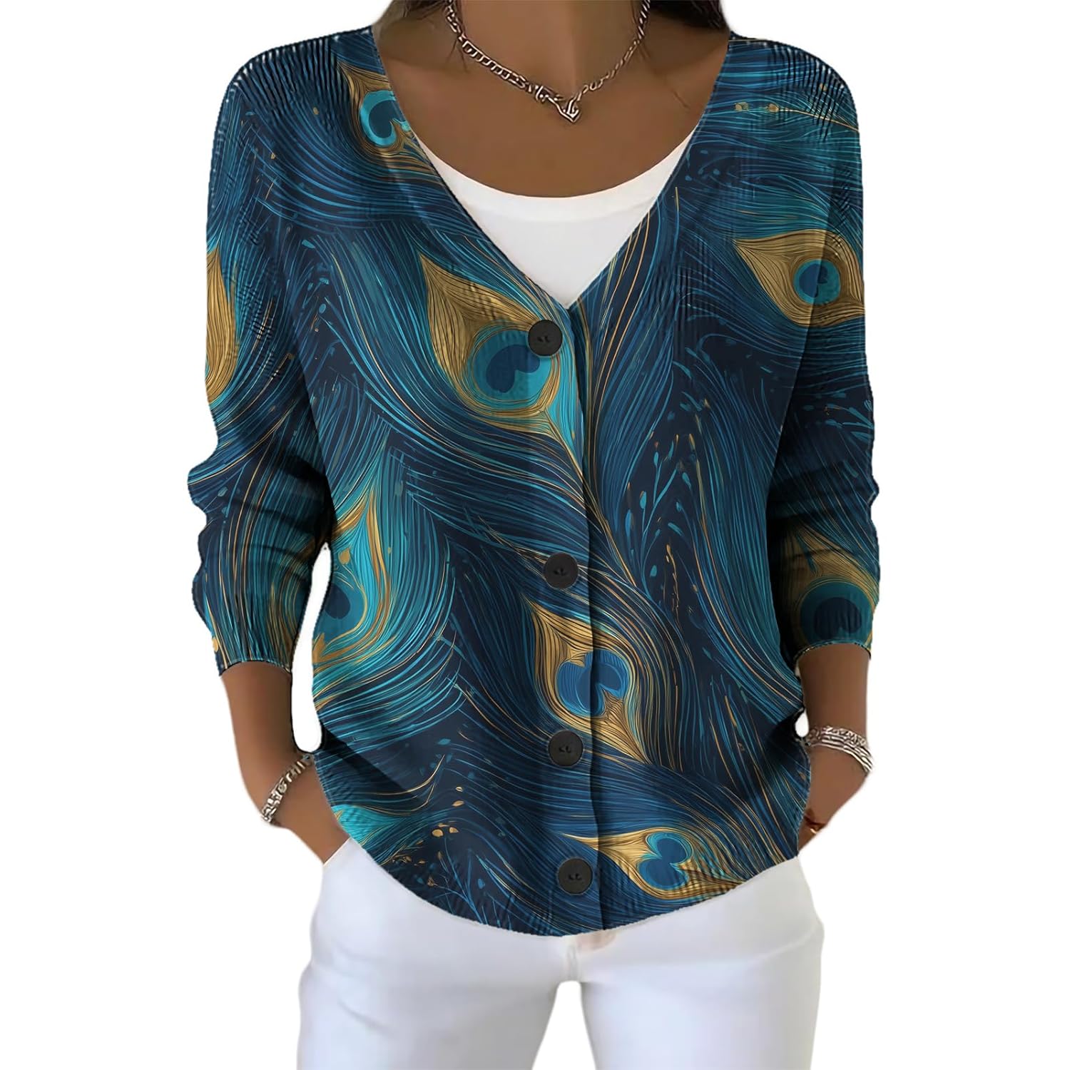 Women Boho Floral Print Cardigan Sweaters Long Sleeve V Neck Graphic Button up Cardigan Fall Fashion Cable Knit