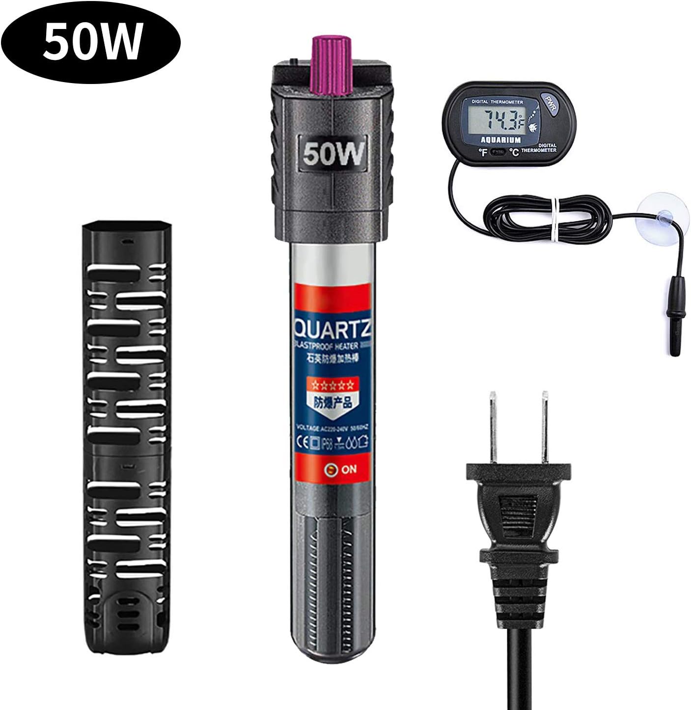 Sukeen Aquarium Heater with Extra Thermometer,50W Fish Tank Heater Adjustable Temperature for Auto Thermostat,Shatter-Proof and Blast-Proof