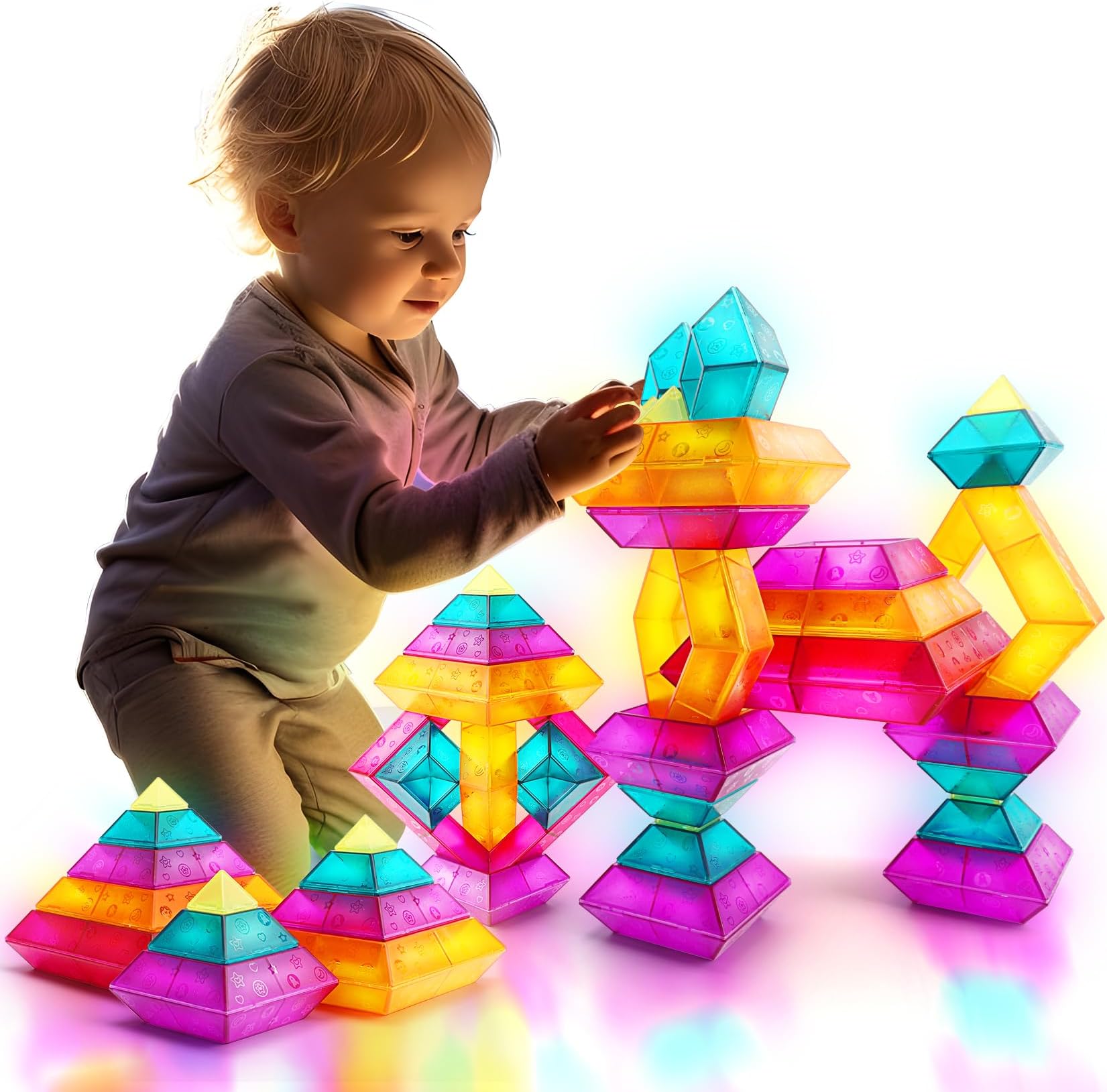 Building Block Sets for Kids 3 4 5 6 Year Old,30Pcs Pyramid Stacking Blocks Toys for Boys Girls,STEM Preschool Learning Activities Educational Light Table Toys Gifts for Toddlers Children