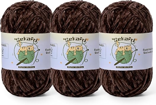 3 Pack of 300g 590yds Fuzzy Chenille Yarn for Crocheting,Fluffy Amigurumi Crochet Yarn for DIY Craft/Hat/Clothes, Soft Velvet Baby Blanket Yarns3 Coffee