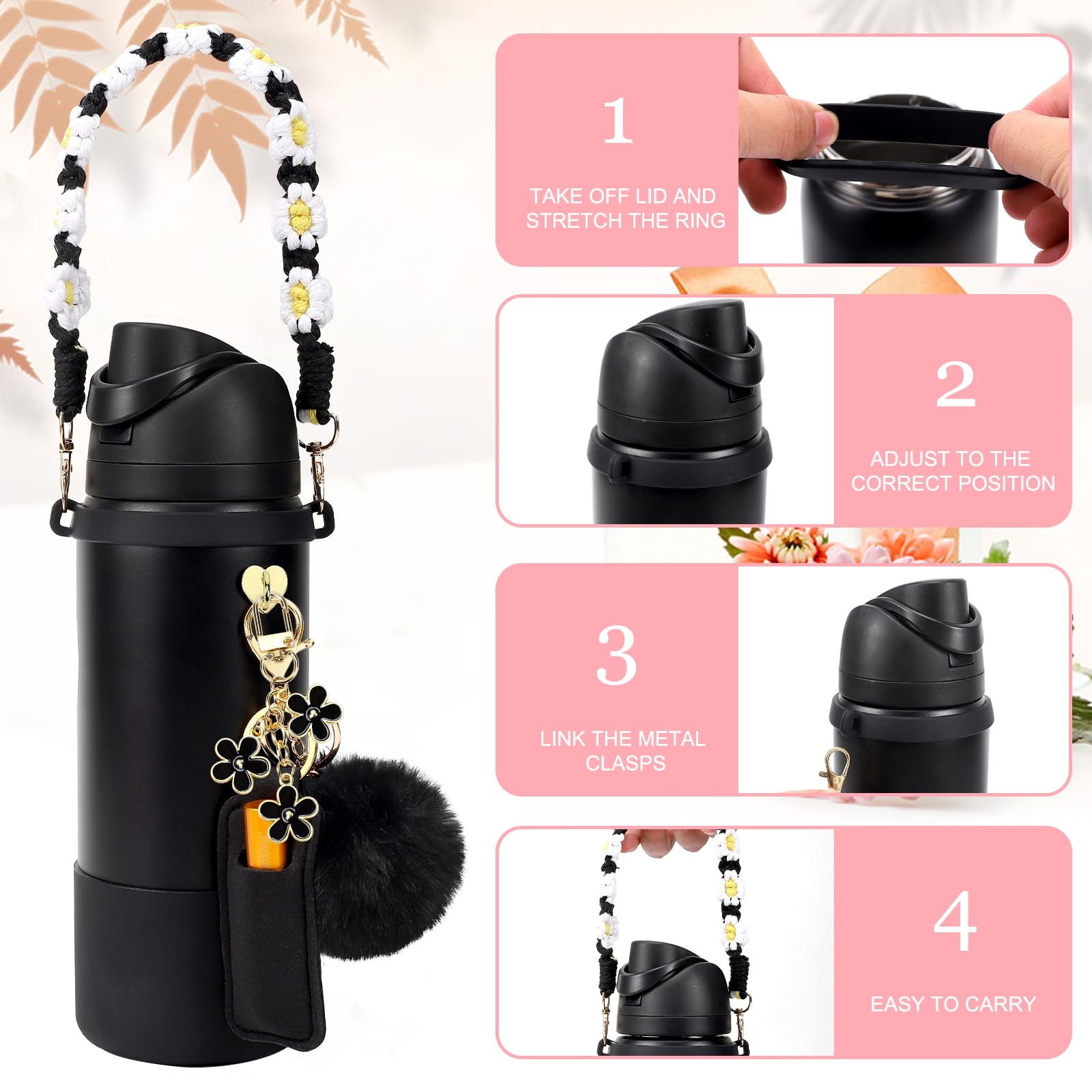 Compatible for Owala Accessories Bundle: Silicone Boot for 24oz & 32oz Bottles, Charms, Handle, Strap, Rubber Bottoms, and Decorative Add-ons for Your Compatible for Owala Water Bottle, Pink