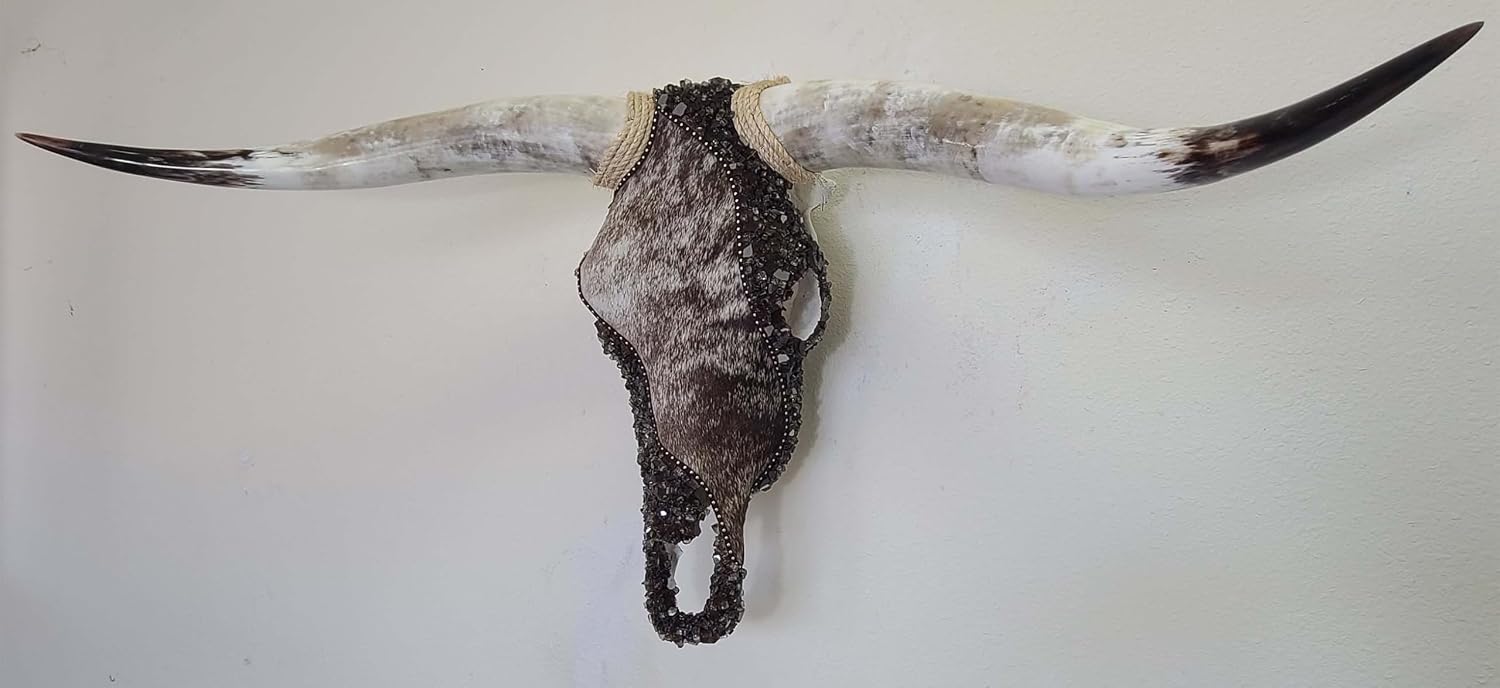 BLACK FOREST DECOR Authentic Longhorn Skull with Brindle Cowhide & Bronze Glass Bands