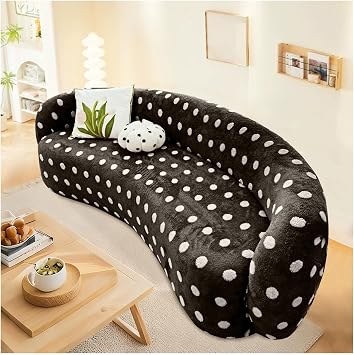 Boho Velvet Curved Couch Cover, Soft Plush Couch Covers for Curved Sectional Sofa, Washable Sectional Couch Slipcover, Polka Dots, Non-SlipBlack,M145-185cm