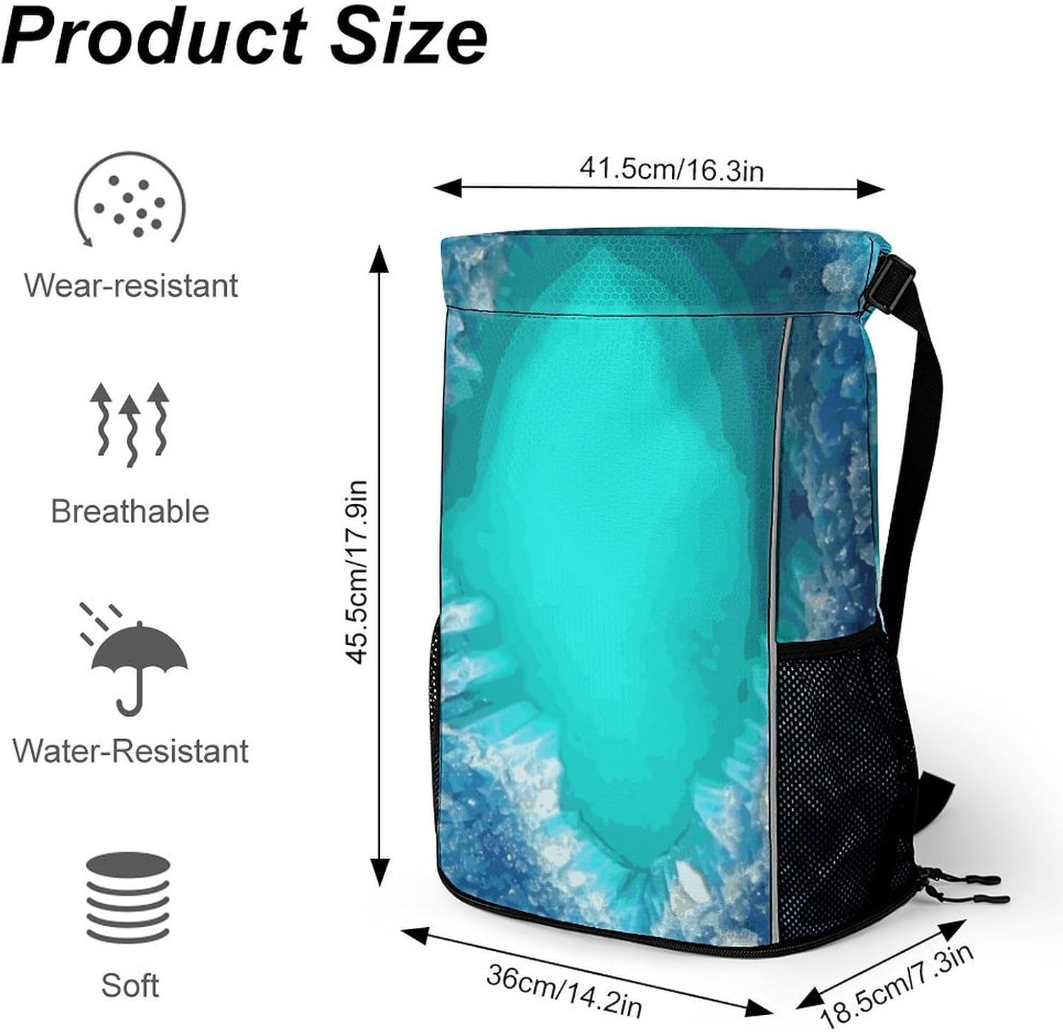 Bright Aqua Blue Turquoise Drawstring Backpack with Wet Pocket - Large Capacity Gym Bag with Shoe Compartment & Mesh Pockets, Adjustable Lightweight Gym Backpack for Swimming, Travel, Workout