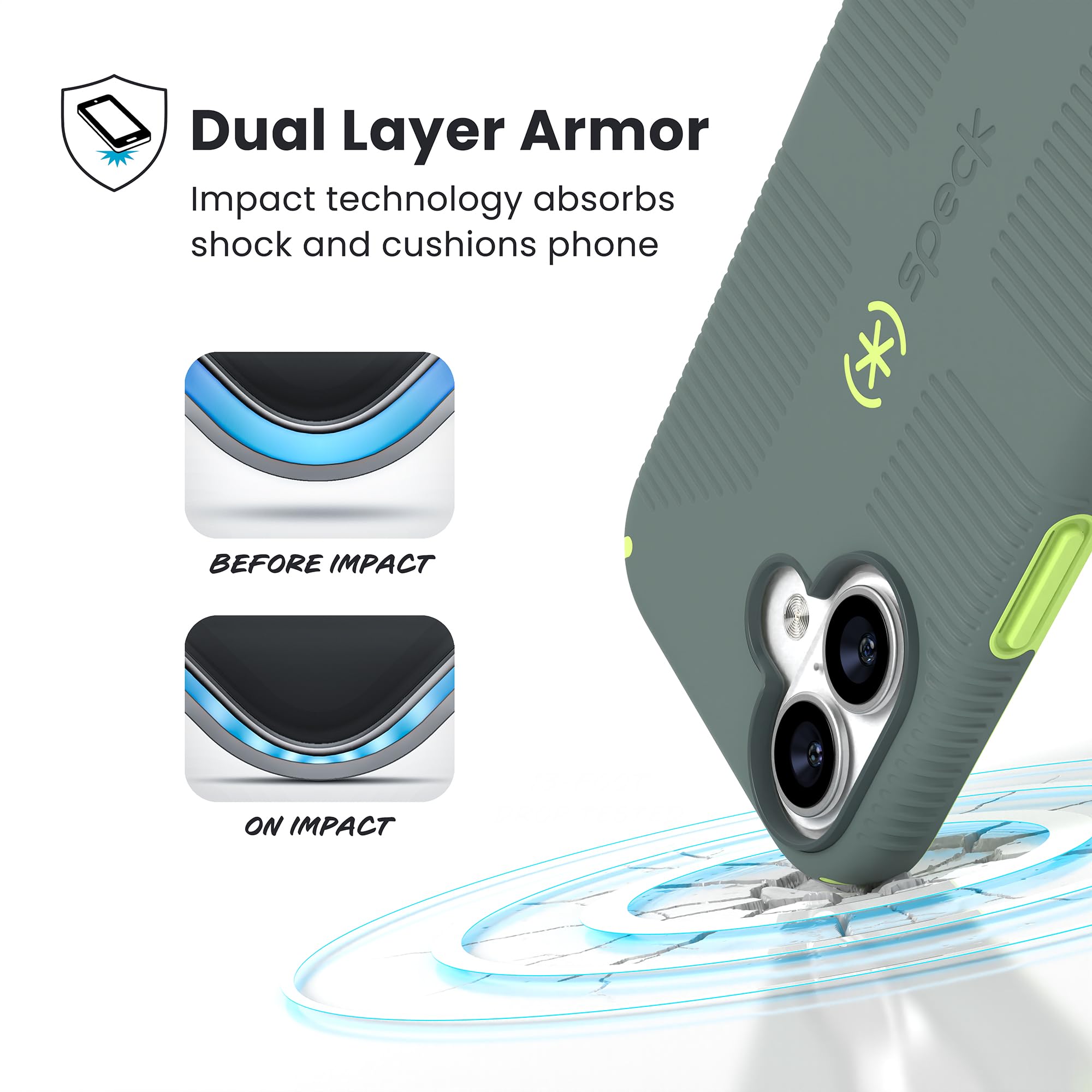 Speck CANDYSHELL uchwyt + etui MS do iPhone'a 17 - NEO DRAB/świecąca zieleń | wąski uchwyt ochronny | ochrona przed upadkiem | kompatybilne z MagSafe