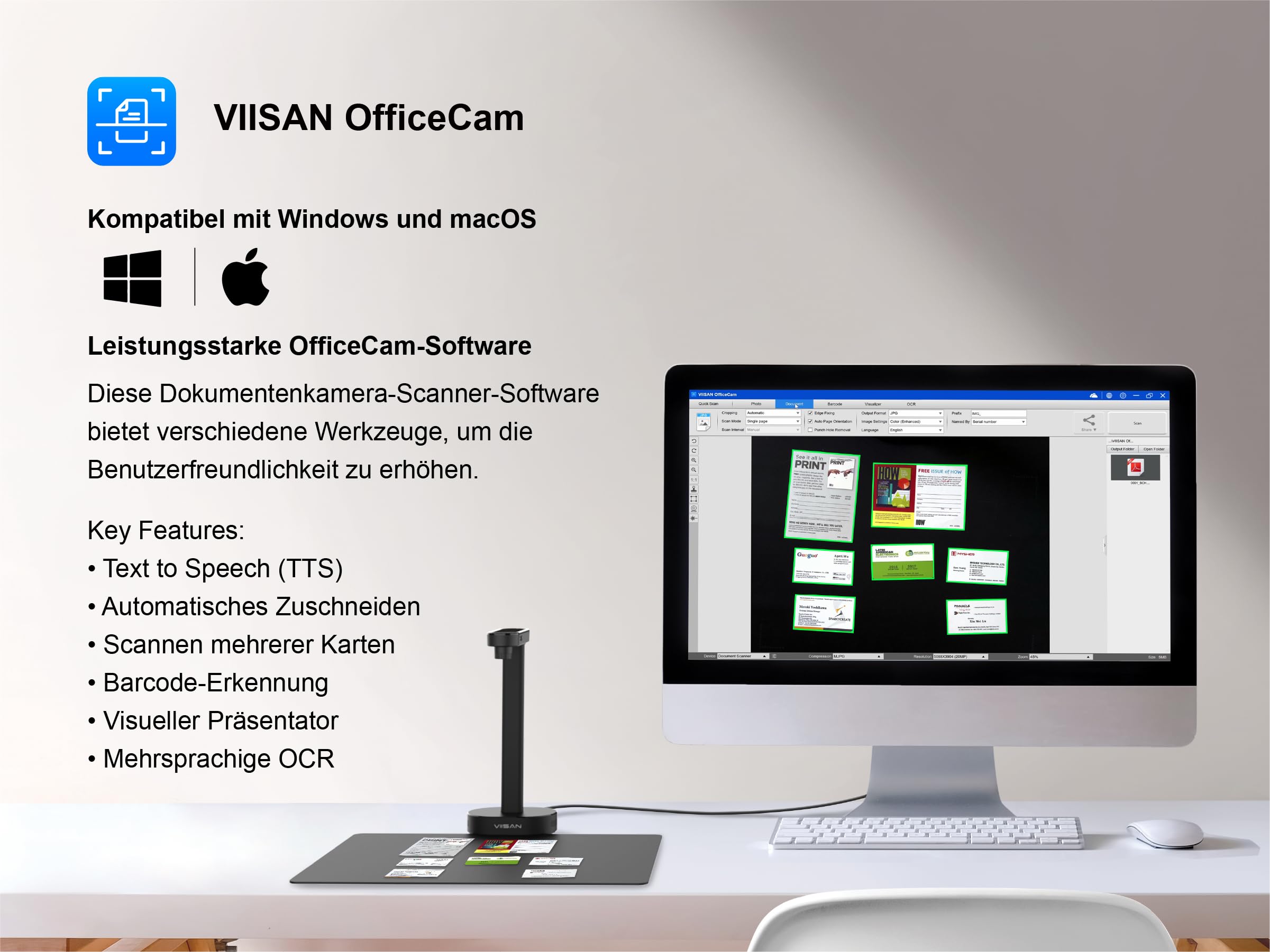 VIISAN Scanner de documents, USB 16 MP, taille d'enregistrement A4, Deskewing, numérisation de documents multipages, technologie OCR et TTS, fonctionne avec Windows et MacOS