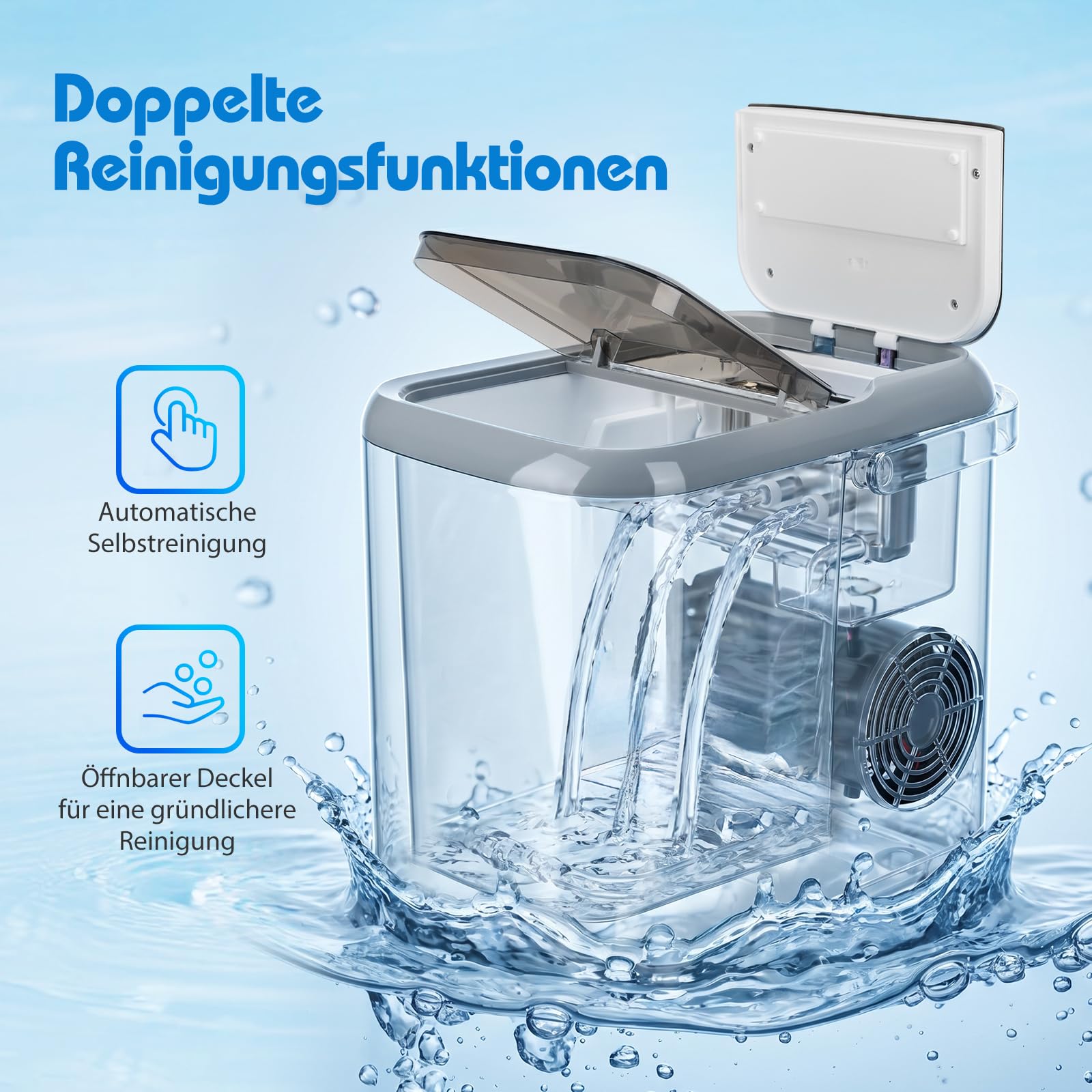 Aigostar Klein Eiswürfelmaschine 1,5L, 130W Doppeldeckel Eiswürfel Maschine, 9 Eiswürfel in 6 Mins, 14kg/24h, 2 Eiswürfel Größen, Selbstreinigend Ice Maker, Eisbehälter voll & Wassermangelwarnung