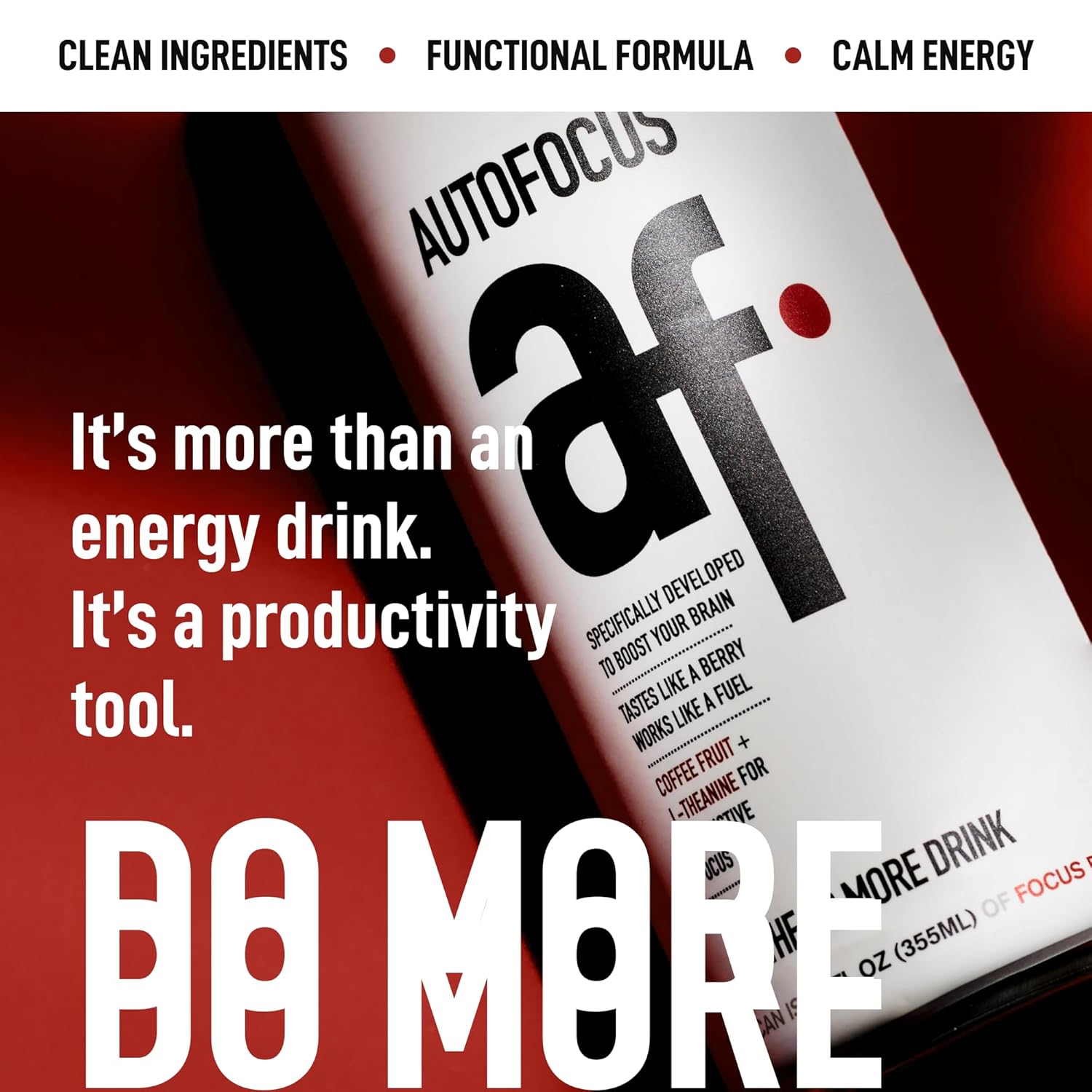AUTOFOCUS Functional Energy Drink - Natural Focus Drink with Coffee Fruit & L-Theanine - Clean Caffeine Brain Booster - No Added Sugar. Productivity Energy Drink for Work & Study - Black Currant - 12oz Can