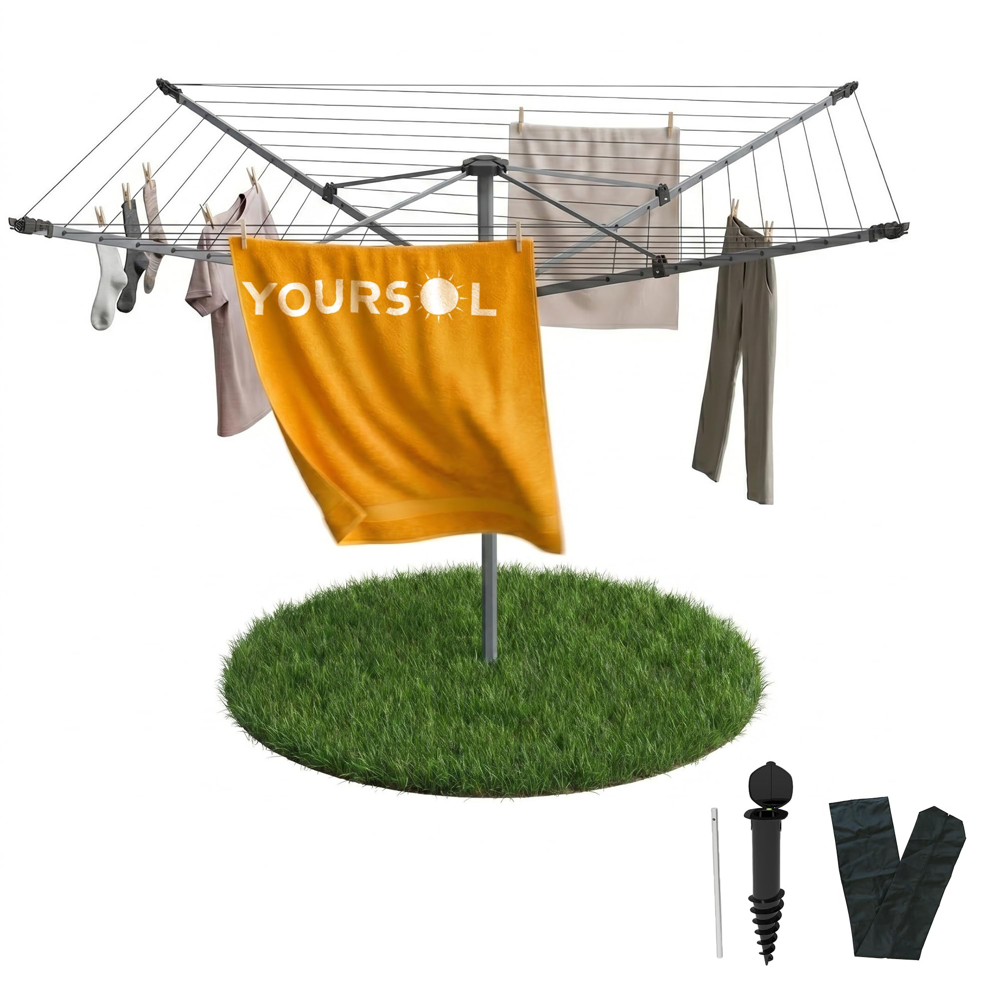 Wäschespinne 50 m mit Schutzhülle & Bodenhülse, Aluminium Wäscheständer bis 50 kg, höhenverstellbar, Wäschetrockner Garten