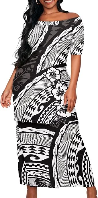 Polynesian Tribal Samoa Puletasi Set Dress Puletaha Ladies Off Shoulder Top and Skirts 2 Pcs Skirt Set Dress