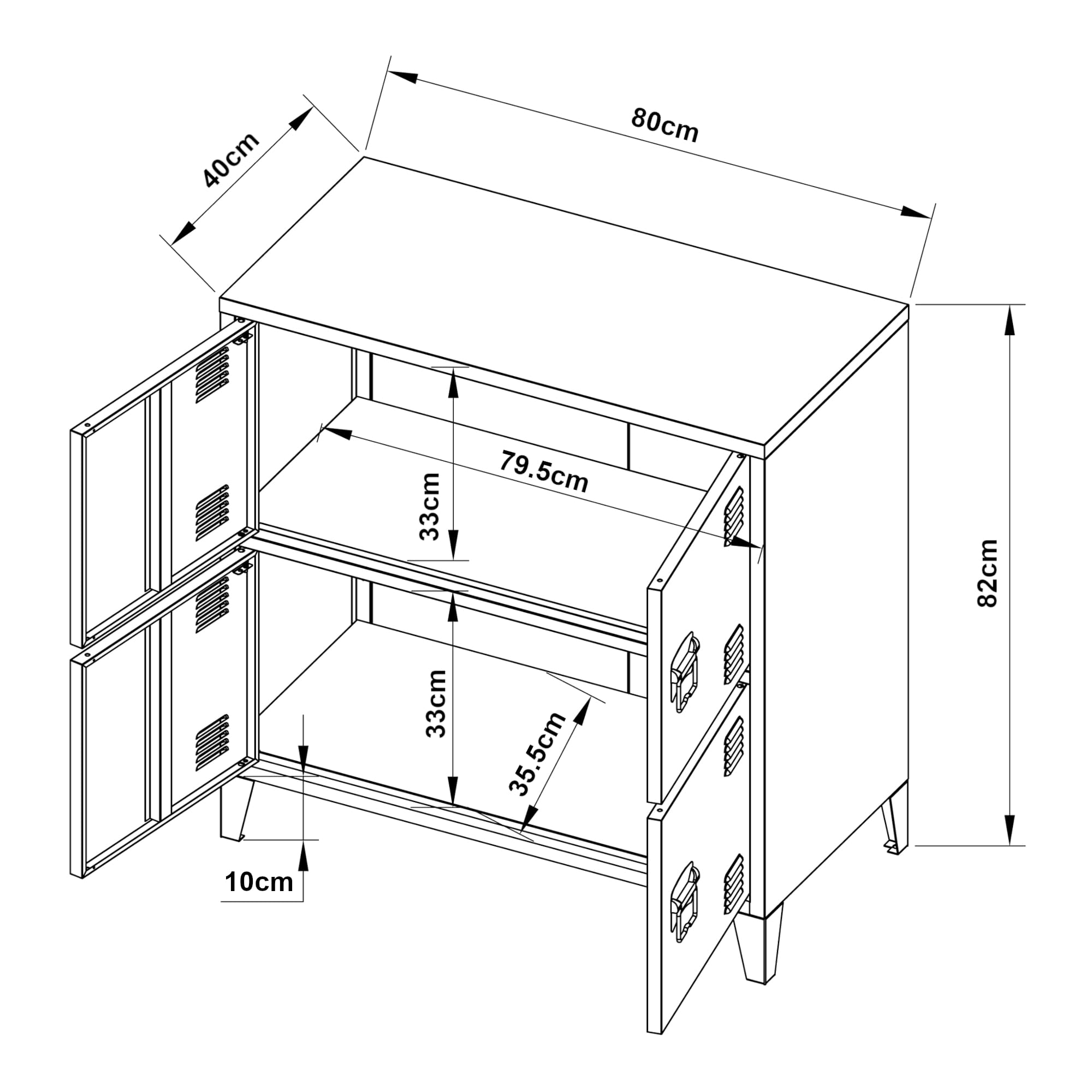 [en.casa] Büroschrank Hamina Aktenschrank mit 4 Türen Mehrzweckschrank mit 2 Ablagefächern Industrial Aufbewahrungsschrank aus Stahl Beistellschrank 80 x 40 x 82 cm Weiß