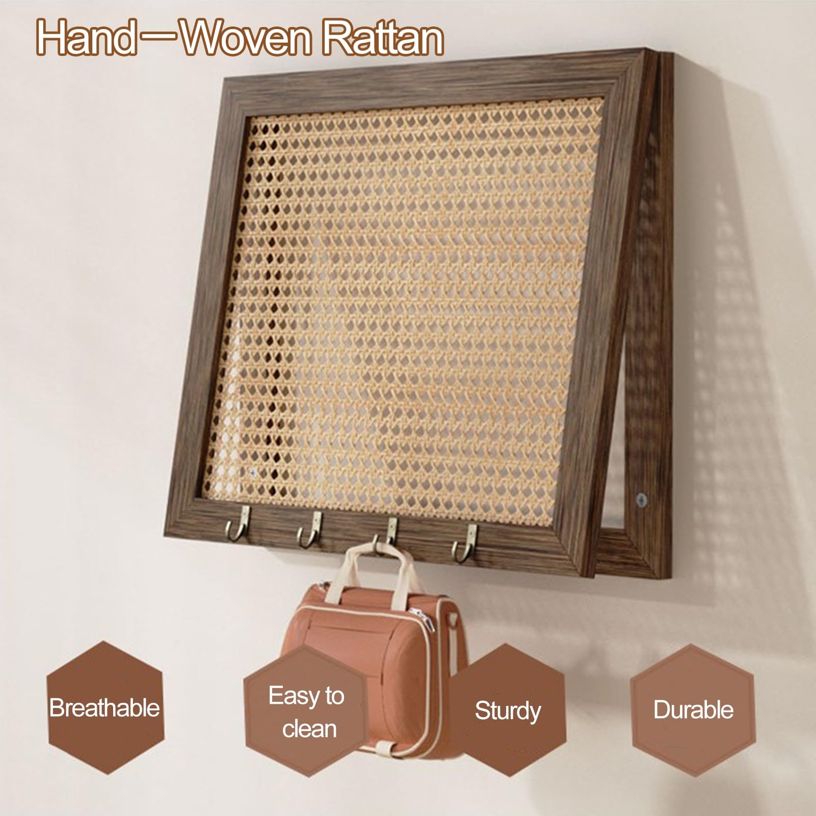 Wall-Mounted Electrical Panel Cover With Shelf & Hooks – Wicker Style Solid Wood, Natural Finish 17.7x21.7in