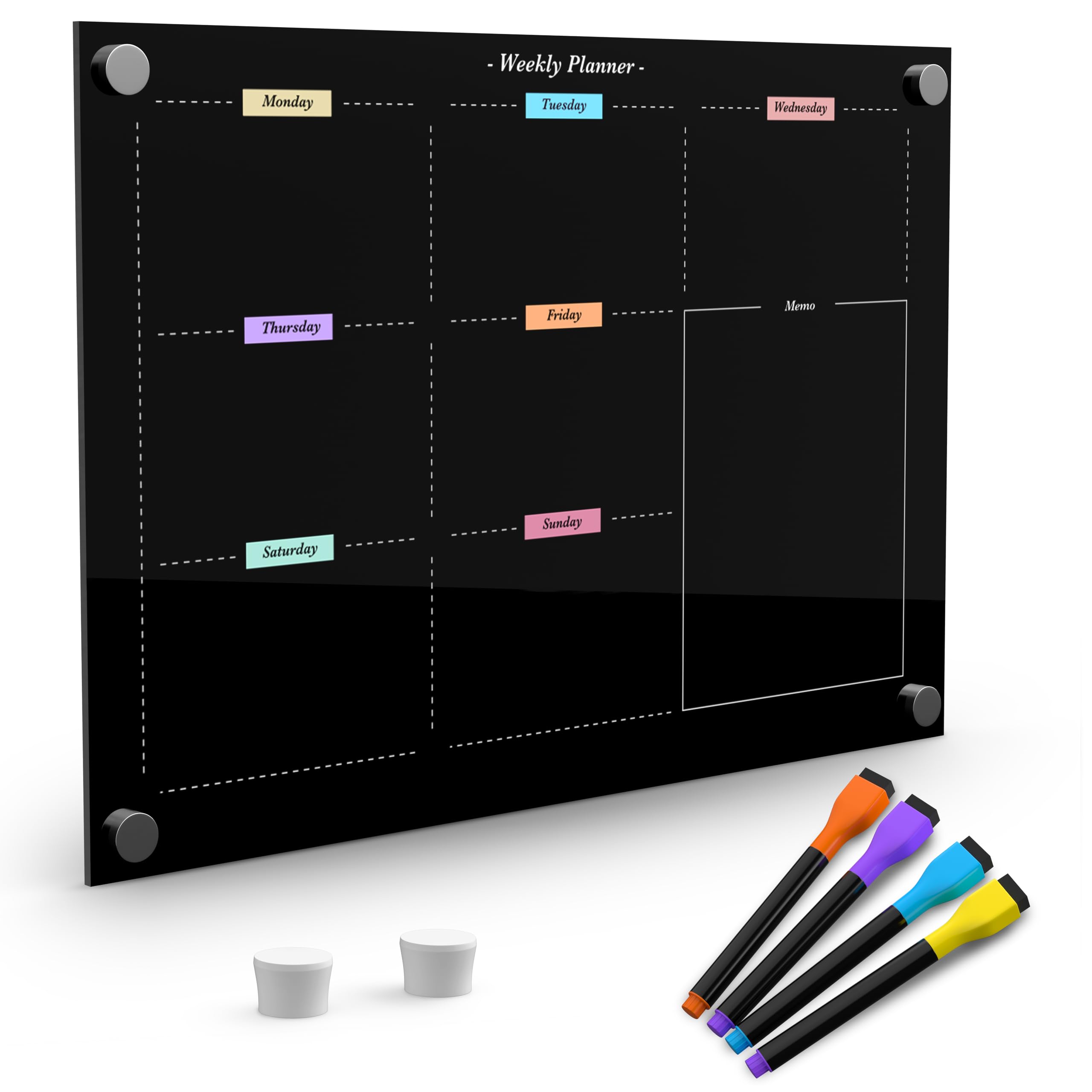 Black Glass Dry Erase Weekly Fridge Planner 12"x8". Durable Glass Material not Acrylic