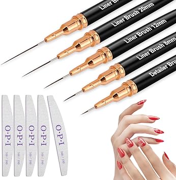 Nail Art Brushes 5 Pcs with Professional Nail Files, Fine Thin Nail Art Liner Brushes Fingernails Drawing Tool for Thin Details, Long Lines, Fine Drawing, Sizes 4/8/12/20/25mm