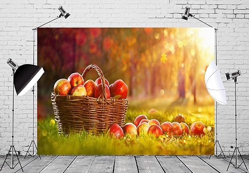 Miniatura 3 de BELECO Telón de fondo de fotografía de manzanas de otoño de 6 x 4 pies, color manzanas en cesta, luz del sol, fondo borroso de bokeh, campo, campo,