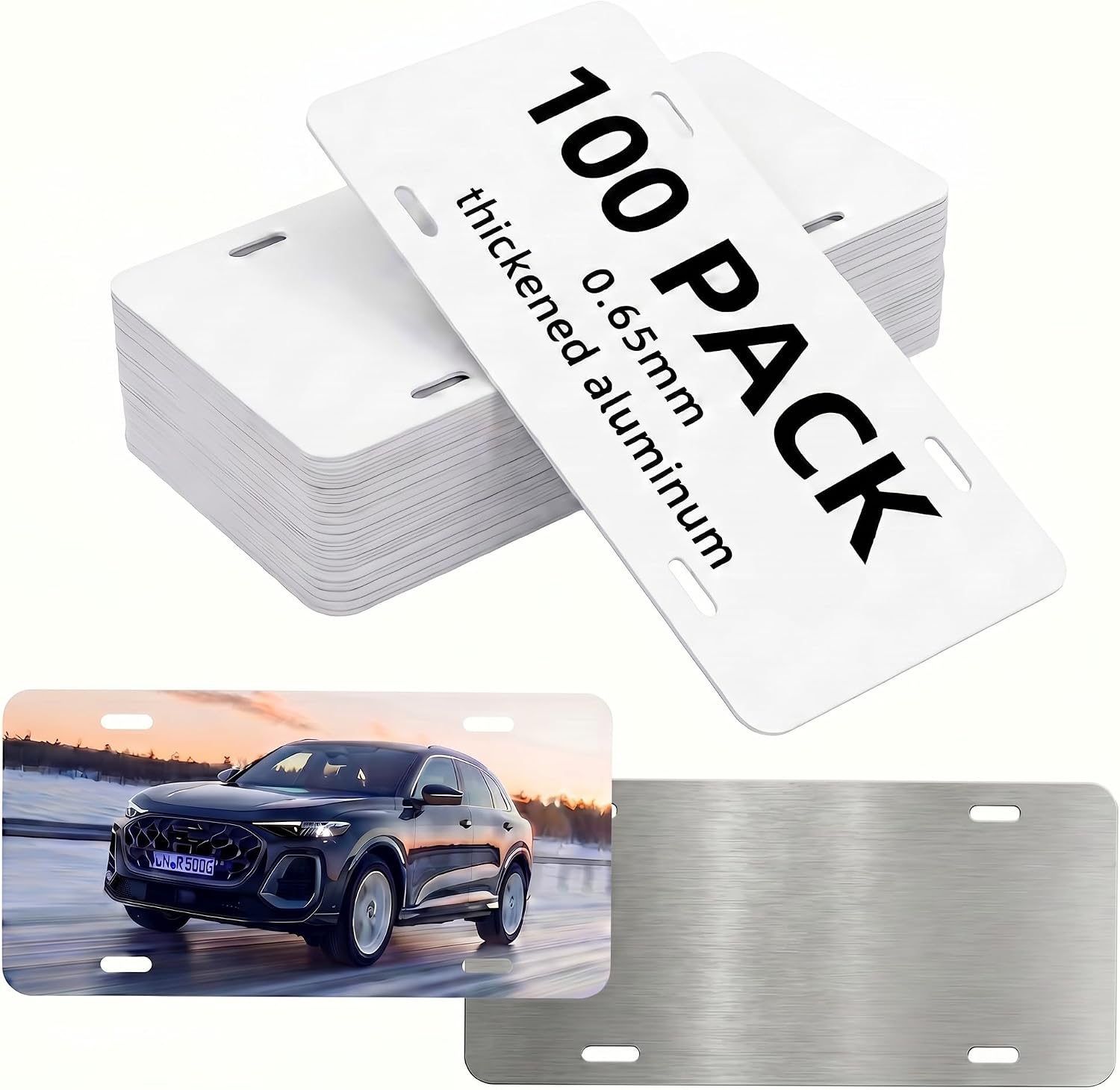 100 Pack Sublimation License Plate Blanks, 6"x12"x0.65mm Metal Aluminum Heat Thermal Transfer License Plate Blanks for DIY Picture, Custom Design, White