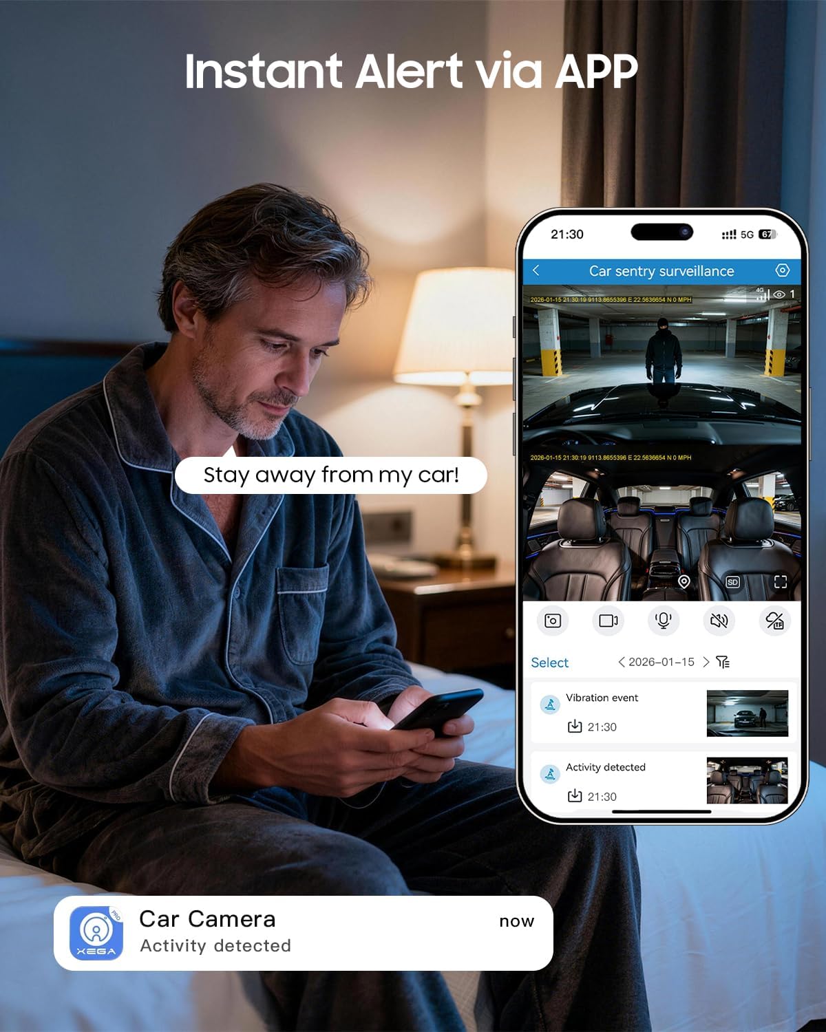 XEGA 2K 4G LTE Dash Cam Front and Inside, Remote Live-View Car Security Camera, No WiFi Needed, Anti-Theft Sentry Mode, Radar Parking Monitor, GPS Tracking, OBD Powered, Built-in SIM (Trial Included)