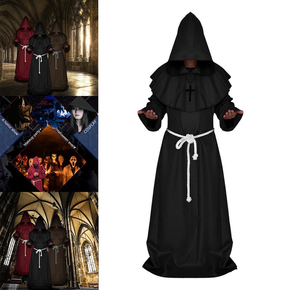Disfraz De Monje Medieval Con Capucha, Cuerda, Collar De Cruz Y Guantes De Calavera – Unisex Para Halloween Y Cosplay