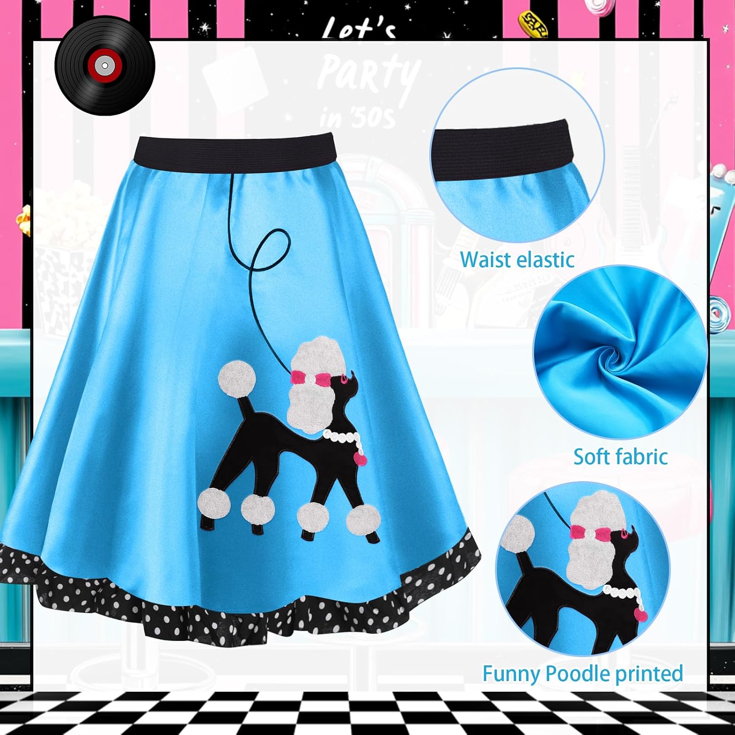 8 Pcs 50s Poodle Skirt Costume Girls Kids Sock Hop Outfit 1950s Costume Accessories Birthday Halloween Cosplay