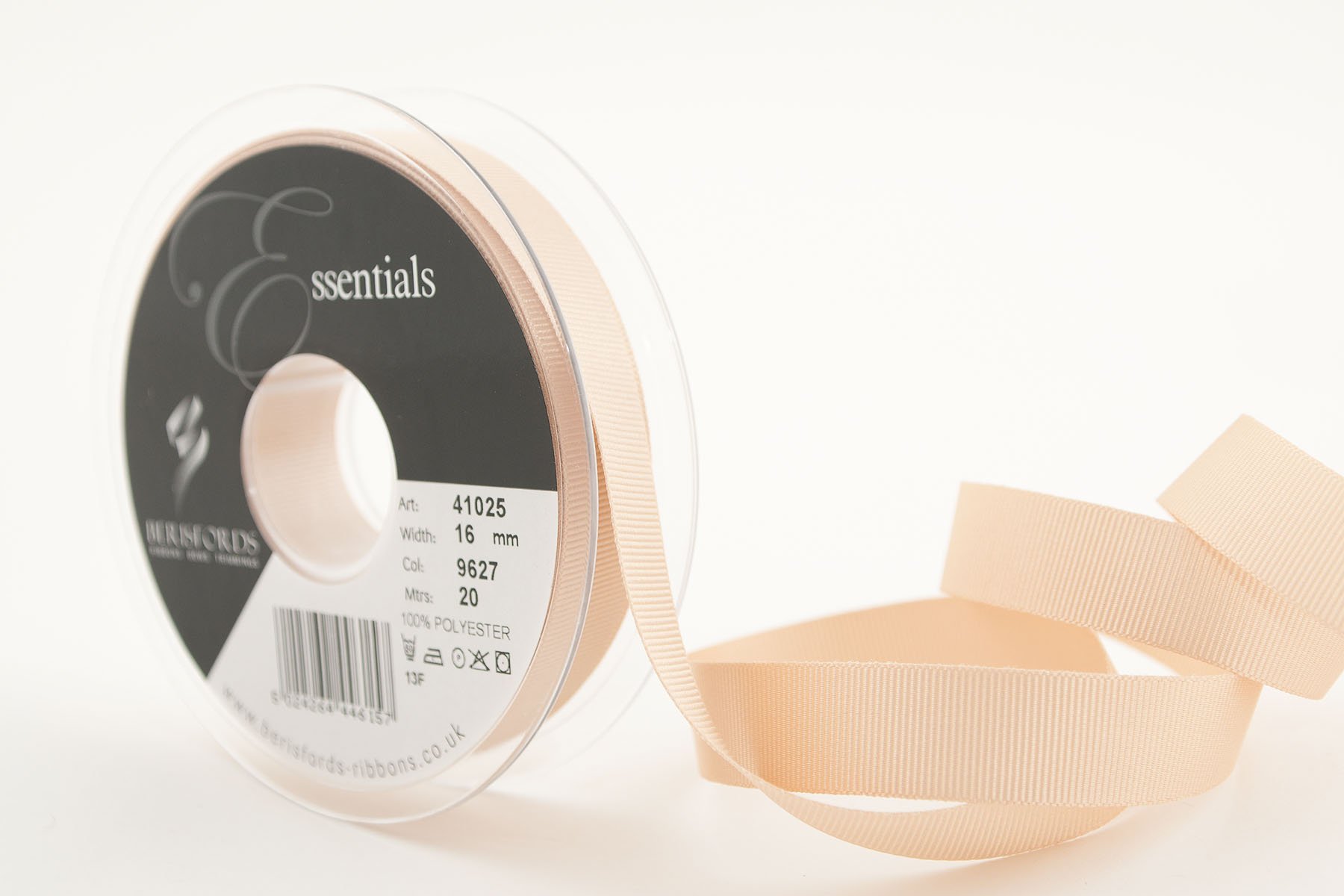 Berisfords 41025 20 m x 16 mm Polyester Grosgrain Ribbon, Cream, 16mm