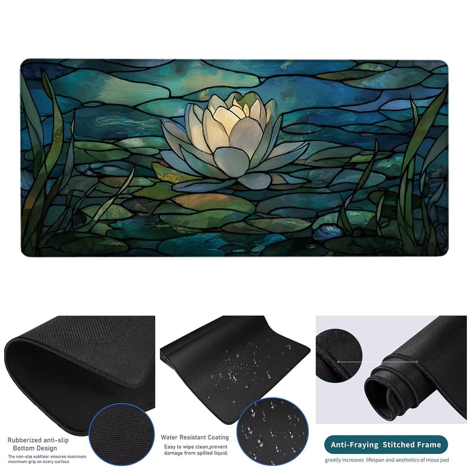 Czarna podkładka pod mysz XXL, 1500 x 800 x 3 mm, duża, gamingowa podkładka pod mysz, kwiat, z przyszytymi krawędziami, wodoszczelna, antypoślizgowa podkładka pod mysz, PC, laptop, poprawia precyzję i