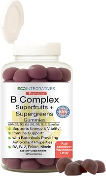 B Complex Gummies + Superfruits + Supergreens Energy, Vitality & Immune Support with B2, B3, B5, B6, B9 Folate & High Potency B12 Rich in Antioxidants Vegan, Gluten Free, Non-GMO 60 Gummies