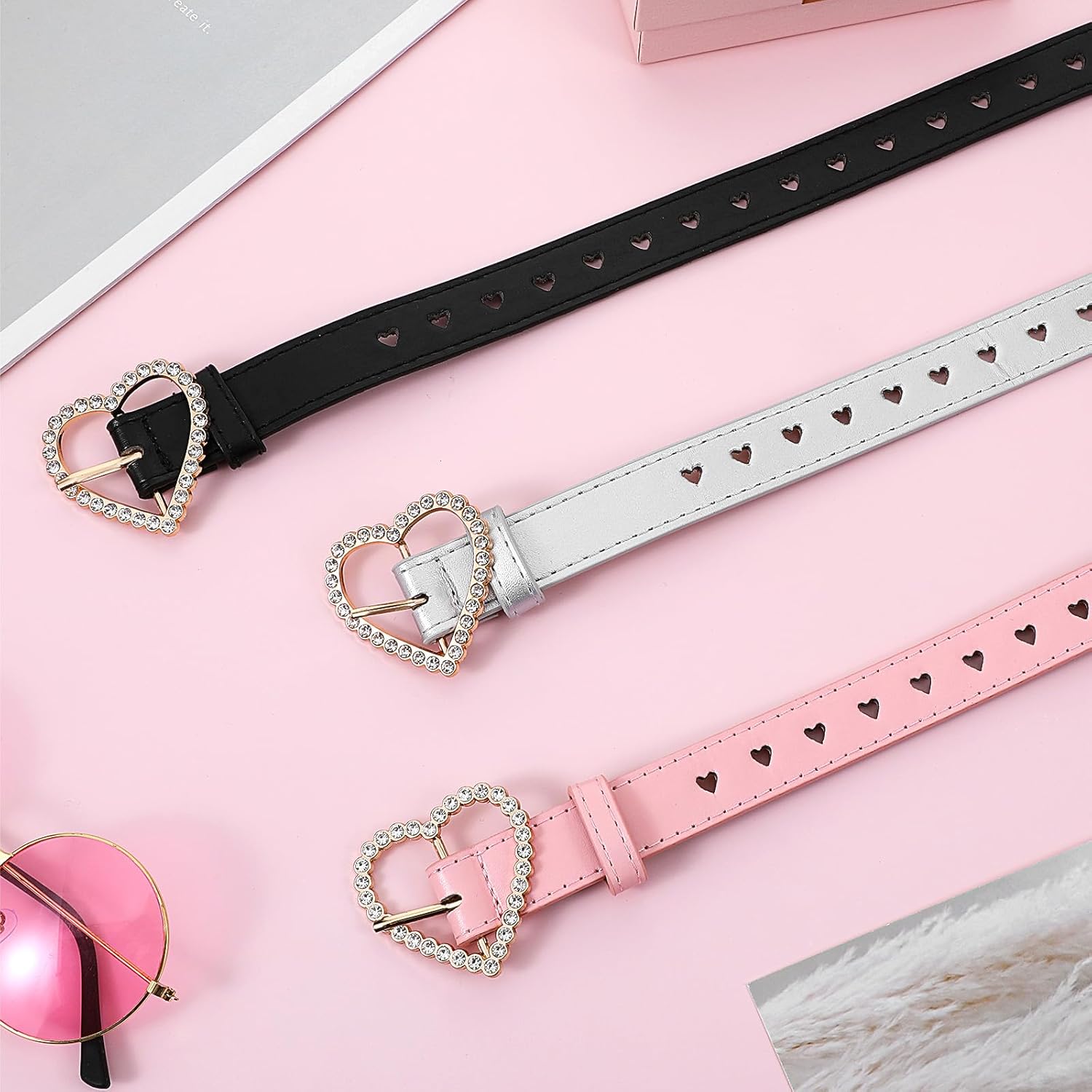 Bremorou Kids Belt Girls 3 Pcs Leather Waist Belt Cute Heart Shape With Metal Buckle Elastic Stretch Adjustable Waist Belt For Girls Pink White Black Adjustable 27.56" - Image 3