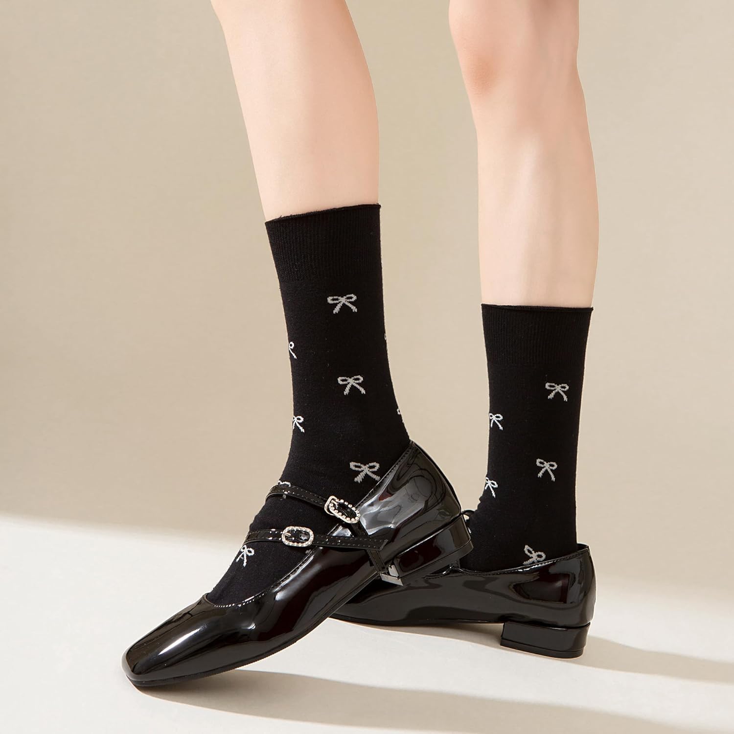 Women's Crew Socks Calf Cotton Cute Bow Pattern Campus Style Sock for Girls White Black Grey Fancy Printed Socks 5pack Size5-9 - Image 7